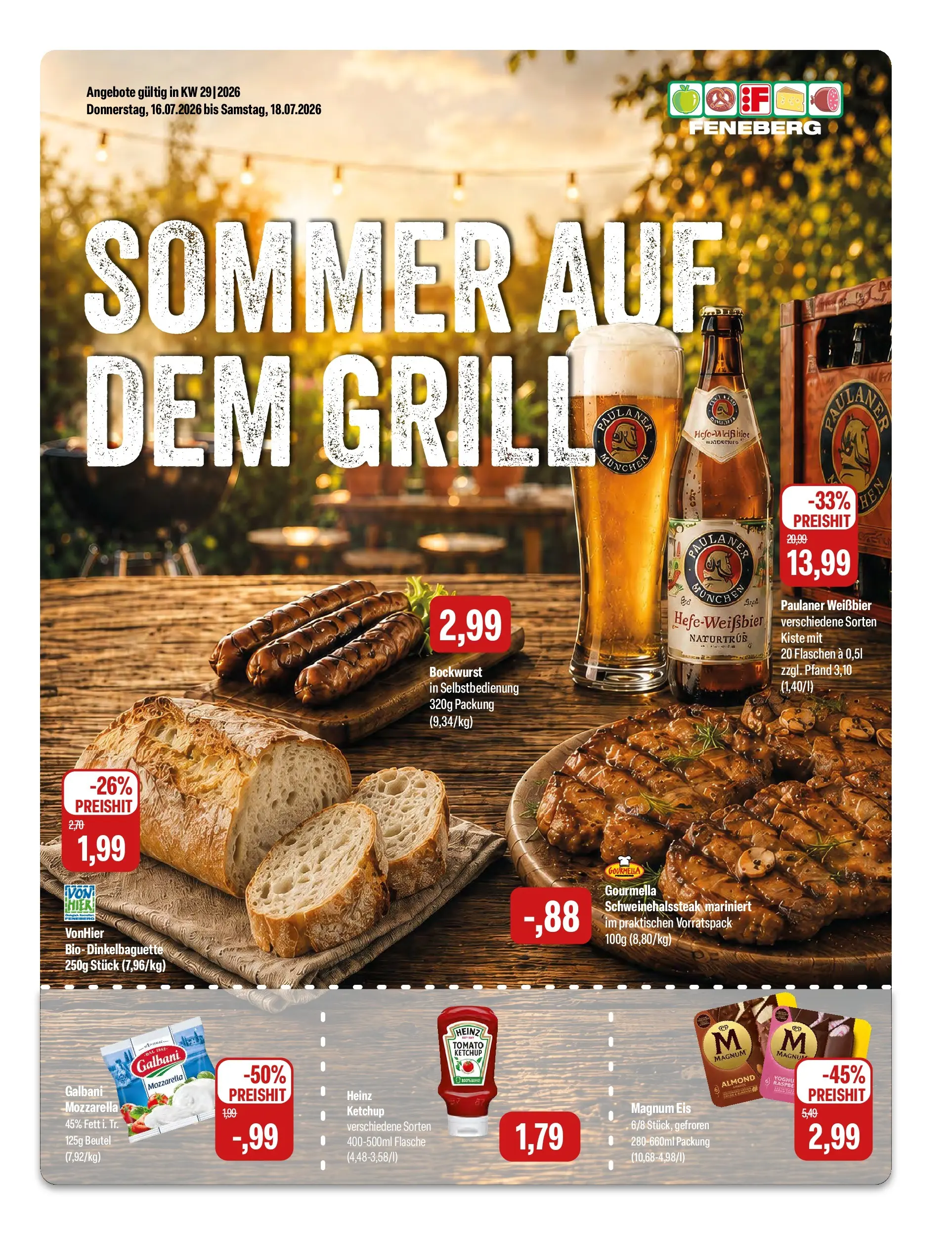 Feneberg Aktuelle Angebote (ab 16.07.2026) zum Blättern | Seite: 1 | Produkte: Bockwurst, Weißbier, Mozzarella, Eis