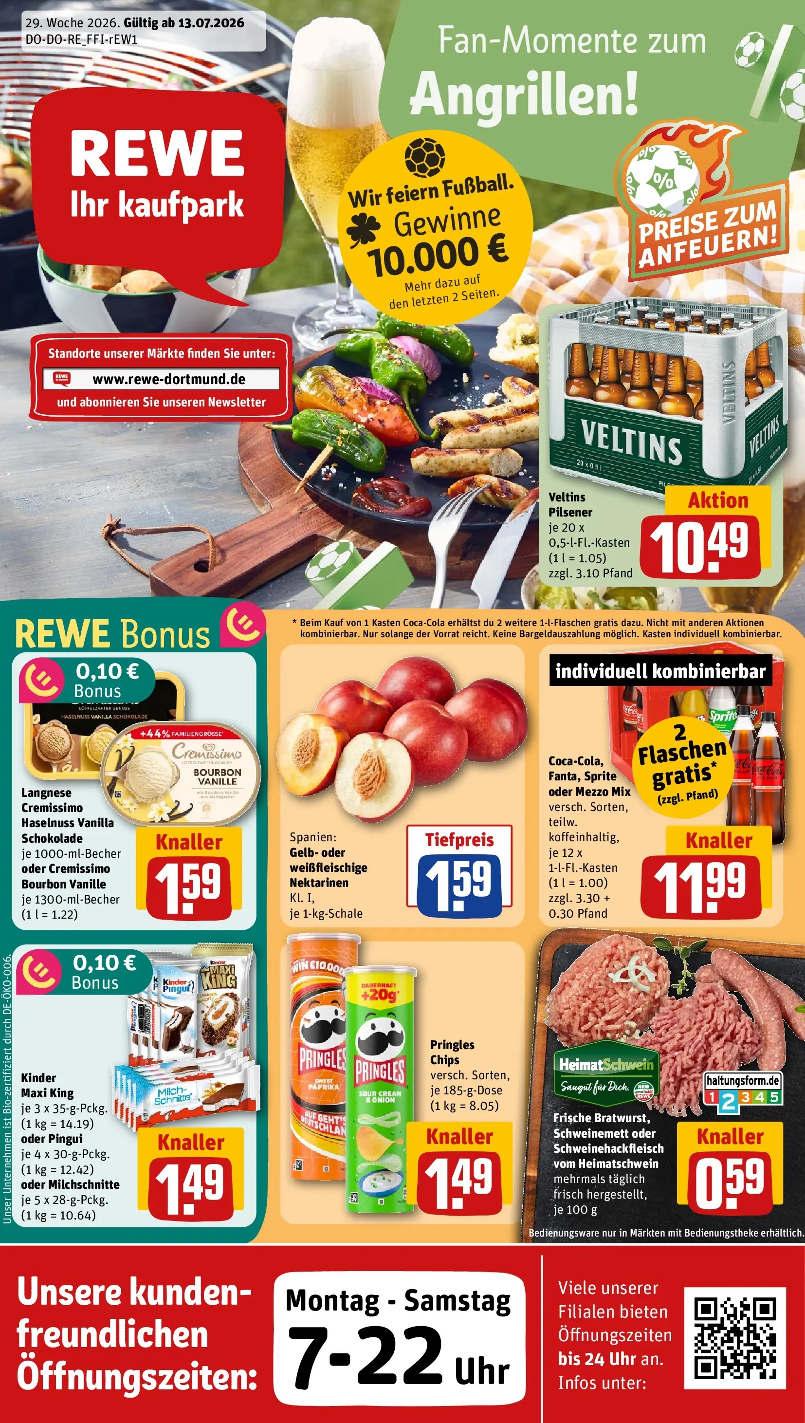 REWE Prospekt ab 13.07.2026 zum Blättern » Angebote | Seite: 1 | Produkte: Cremissimo, Milch, Nektarinen, Veltins
