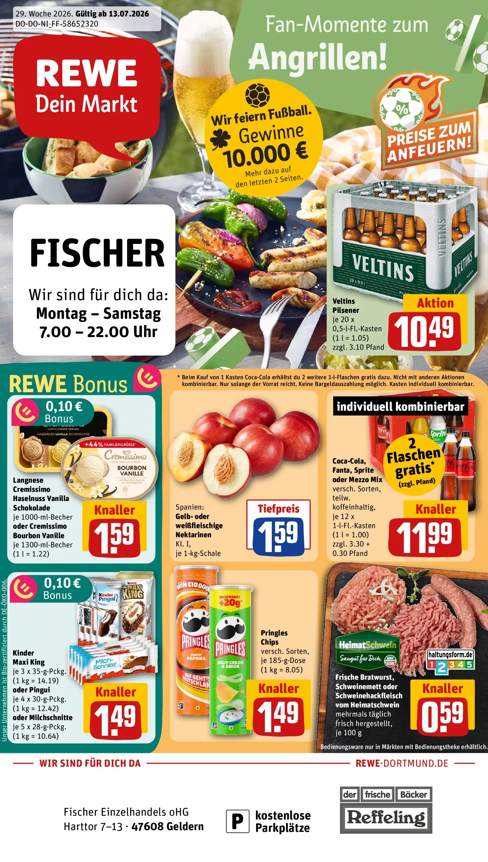 REWE Prospekt ab 13.07.2026 zum Blättern » Angebote | Seite: 1 | Produkte: Langnese, Milch, Bratwurst, Chips