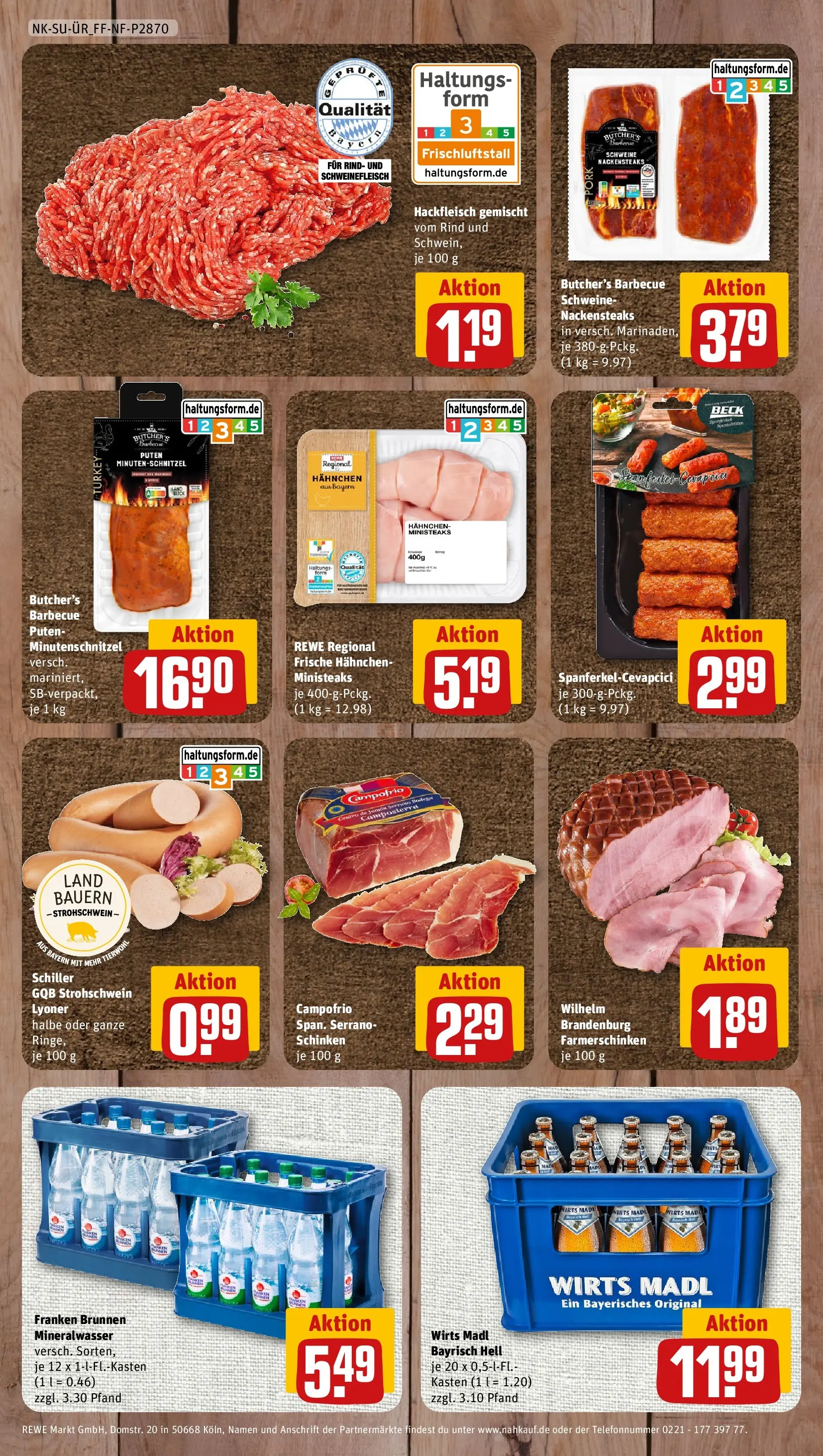 REWE Prospekt ab 13.07.2026 zum Blättern » Angebote | Seite: 8 | Produkte: Nackensteaks, Mineralwasser, Schinken, Hackfleisch