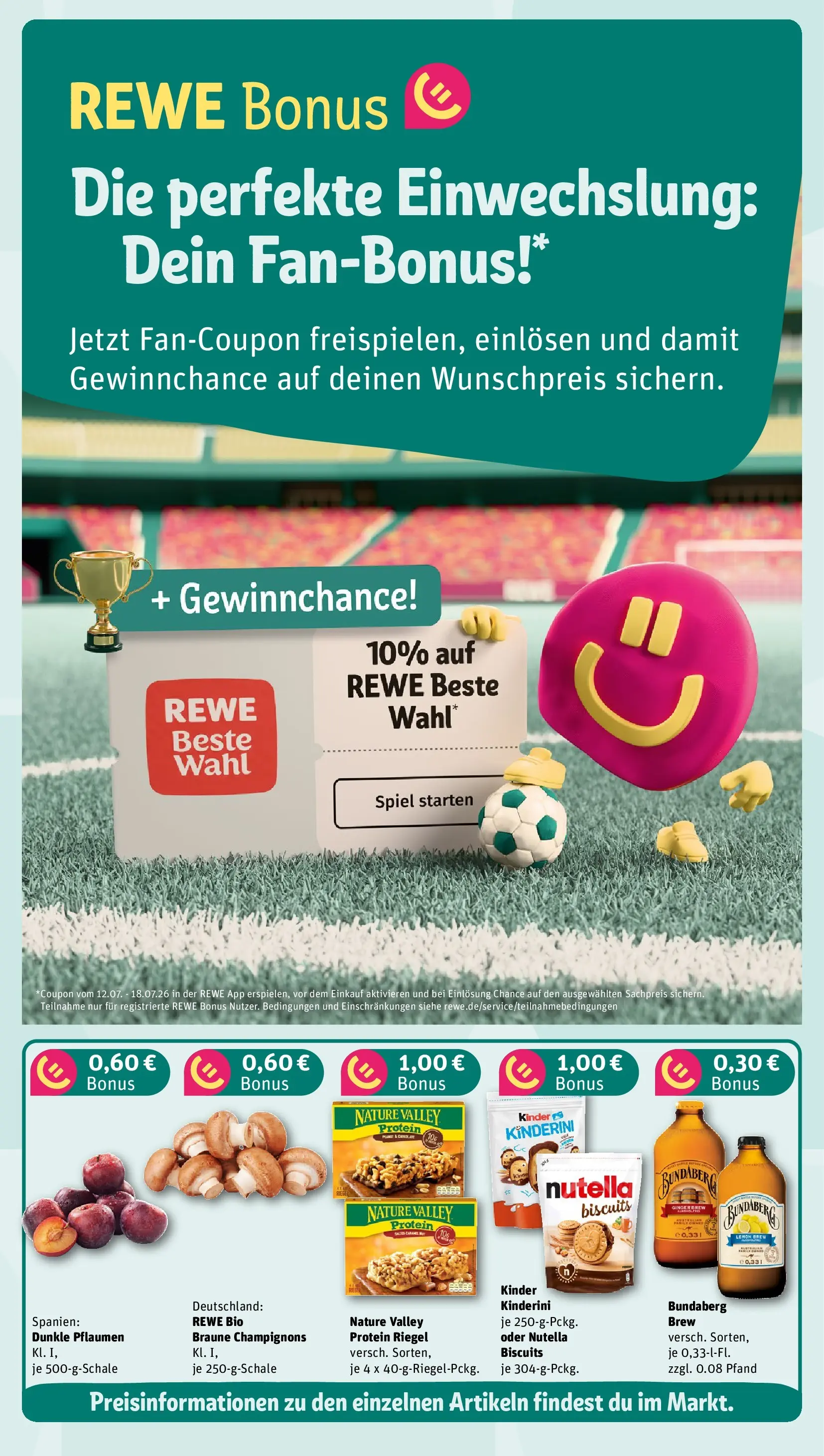 REWE Prospekt ab 12.07.2026 zum Blättern » Angebote | Seite: 3 | Produkte: Spiel, Pflaumen, Nutella, Champignons