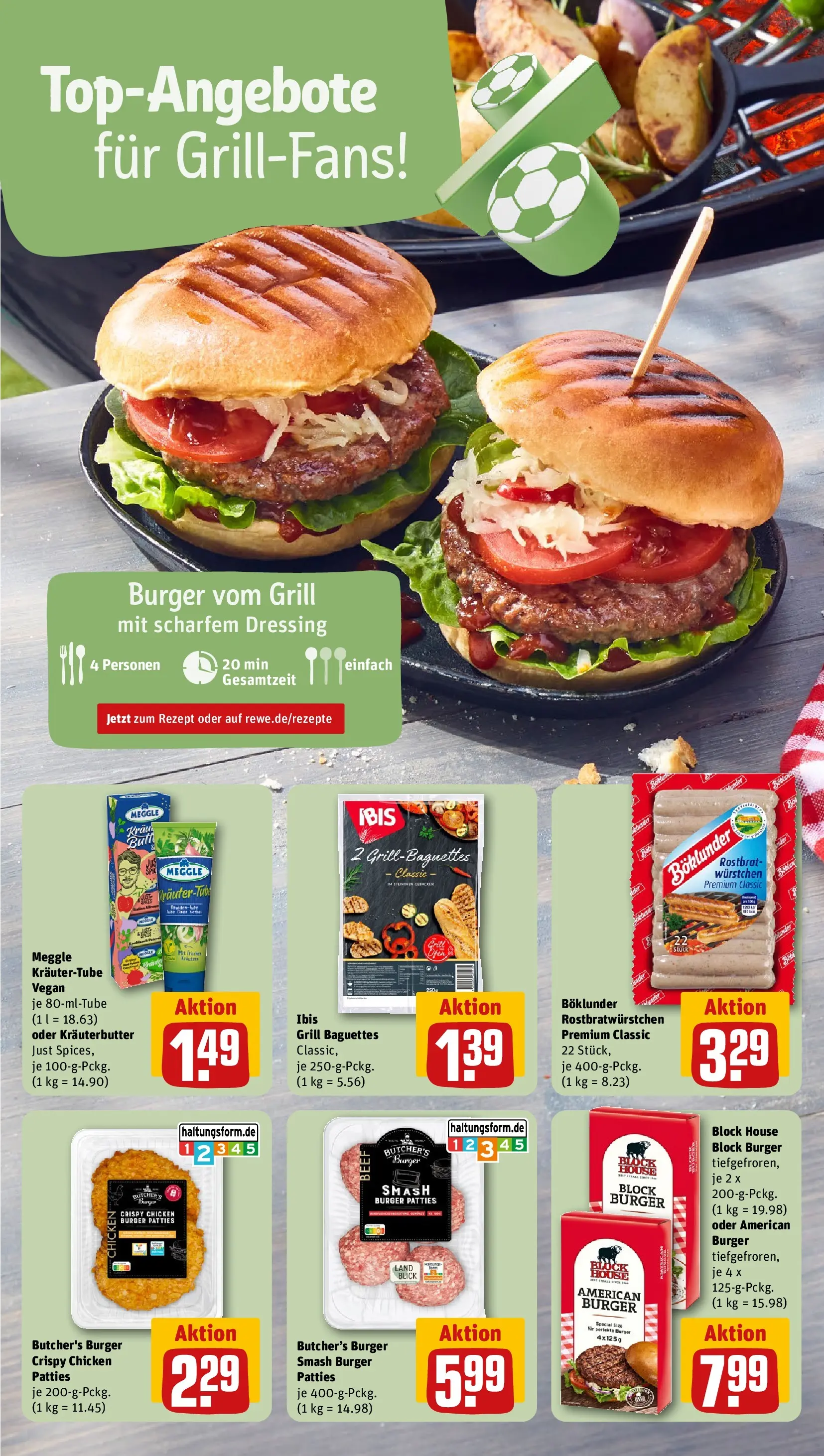 REWE Prospekt ab 13.07.2026 zum Blättern » Angebote | Seite: 4 | Produkte: Grill, Dressing, Burger, Kräuterbutter