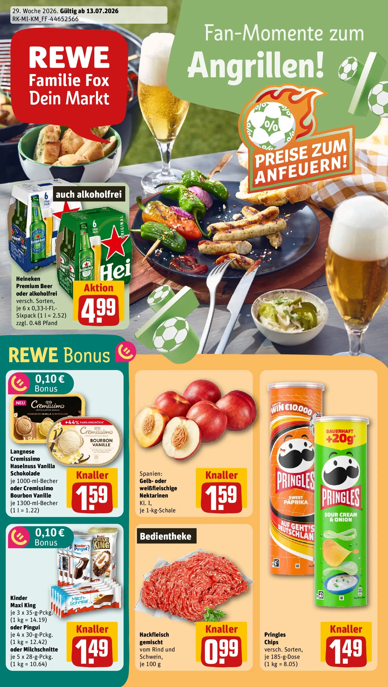 REWE Prospekt ab 13.07.2026 zum Blättern » Angebote | Seite: 1 | Produkte: Langnese, Paprika, Bourbon, Chips