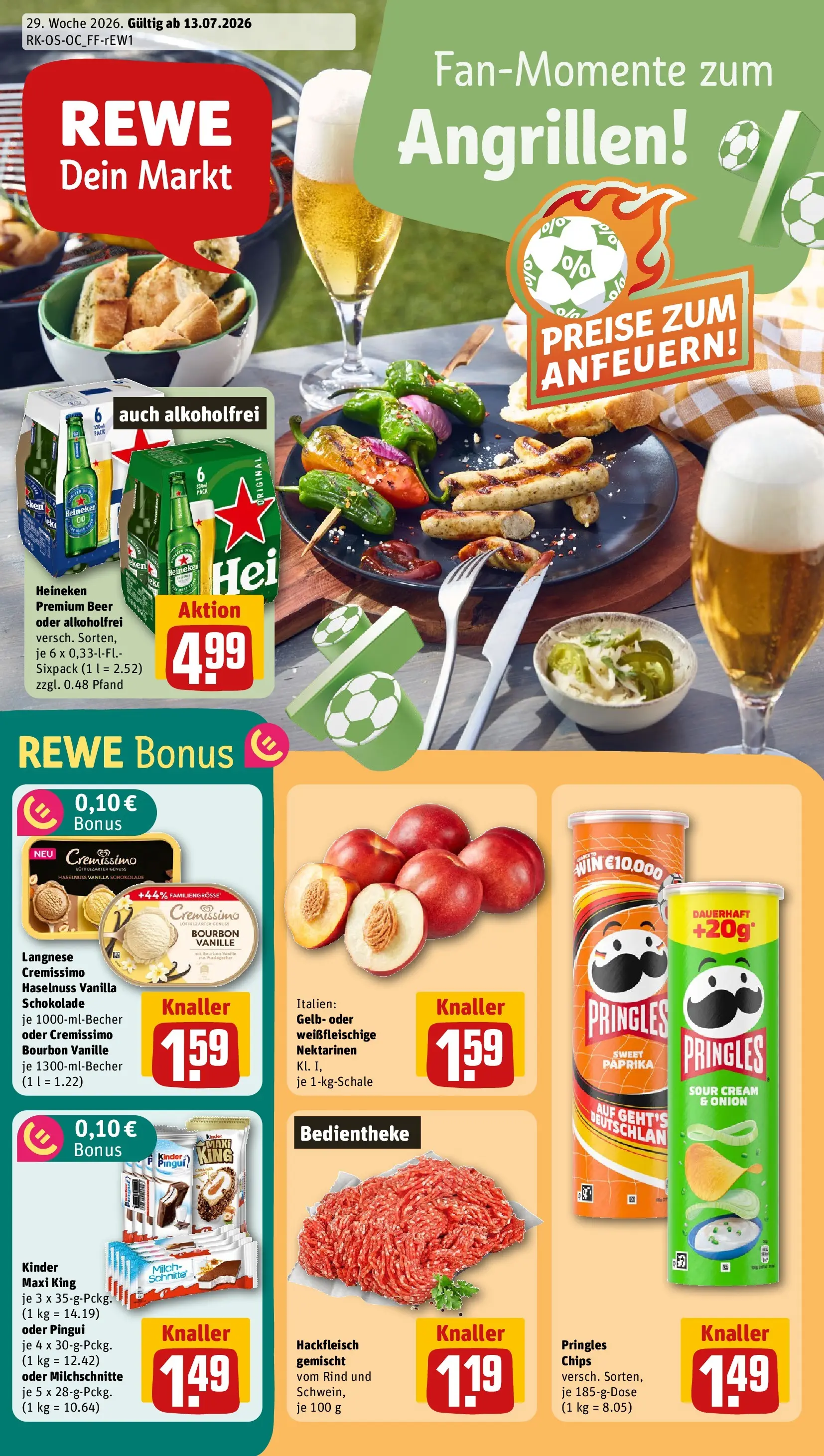 REWE Prospekt ab 13.07.2026 zum Blättern » Angebote | Seite: 1 | Produkte: Langnese, Cremissimo, Nektarinen, Heineken
