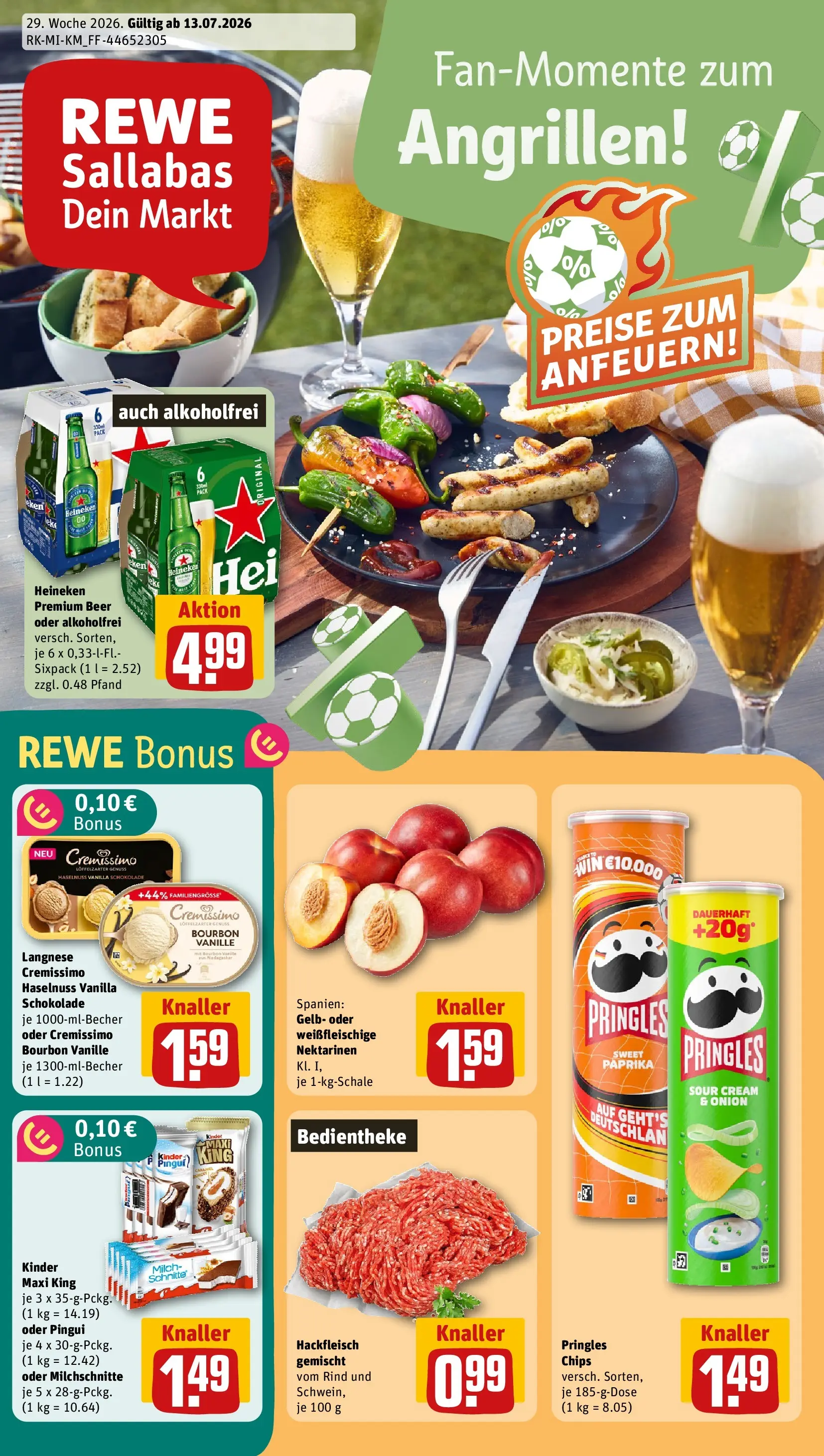 REWE Prospekt ab 13.07.2026 zum Blättern » Angebote | Seite: 1 | Produkte: Nektarinen, Heineken, Paprika, Hackfleisch