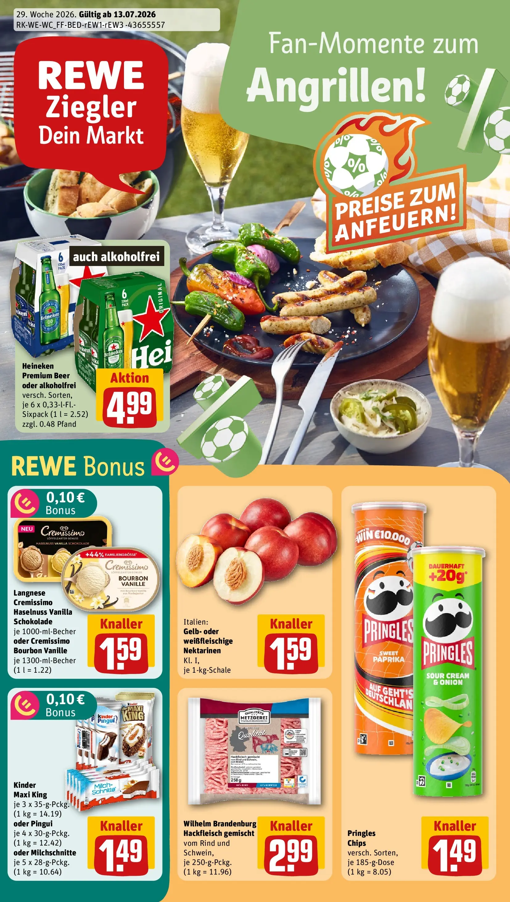 REWE Prospekt ab 13.07.2026 zum Blättern » Angebote | Seite: 1 | Produkte: Langnese cremissimo, Milch, Paprika, Chips