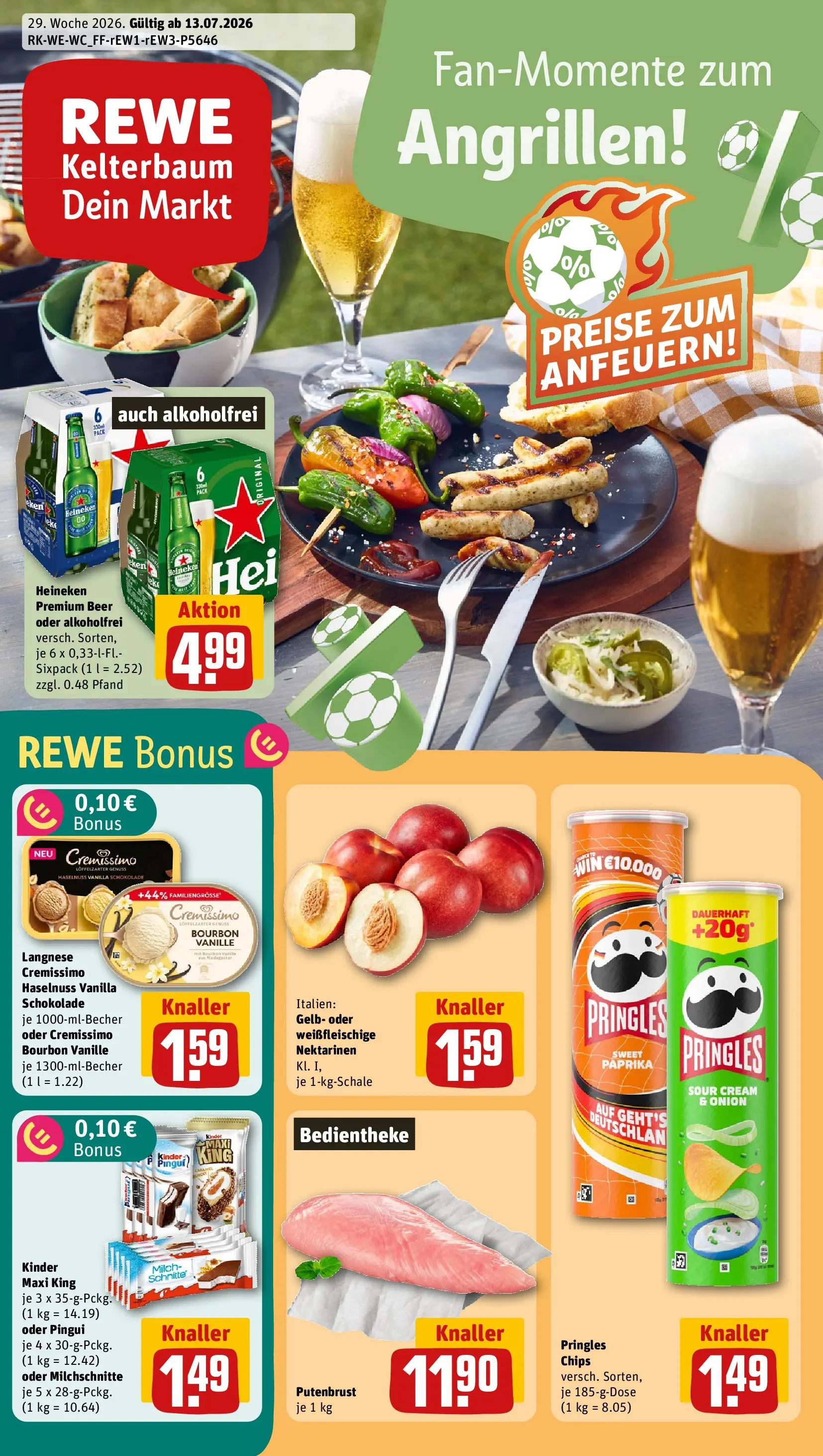 REWE Prospekt ab 13.07.2026 zum Blättern » Angebote | Seite: 1 | Produkte: Langnese cremissimo, Nektarinen, Schokolade, Heineken