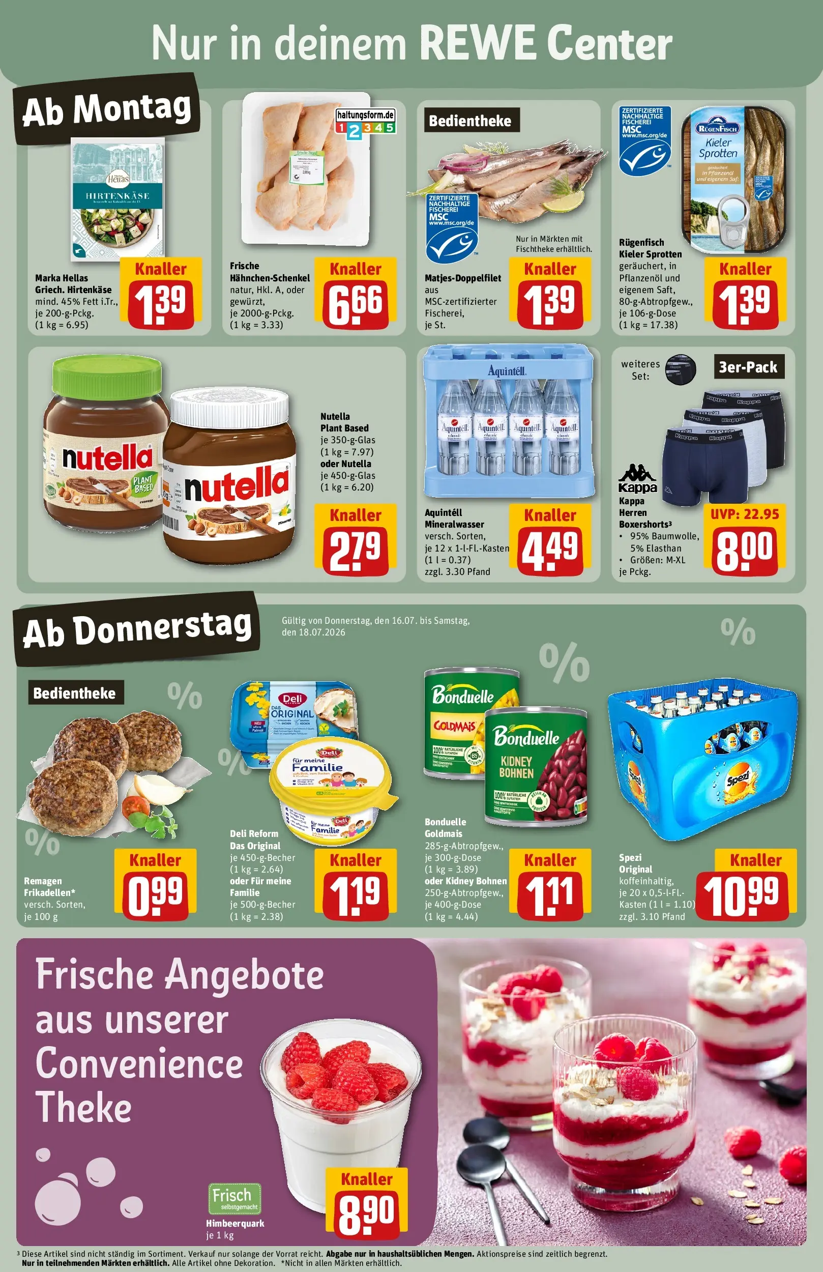 REWE Prospekt ab 13.07.2026 zum Blättern » Angebote | Seite: 3 | Produkte: Hahnchenschenkel, Theke, Mineralwasser, Nutella