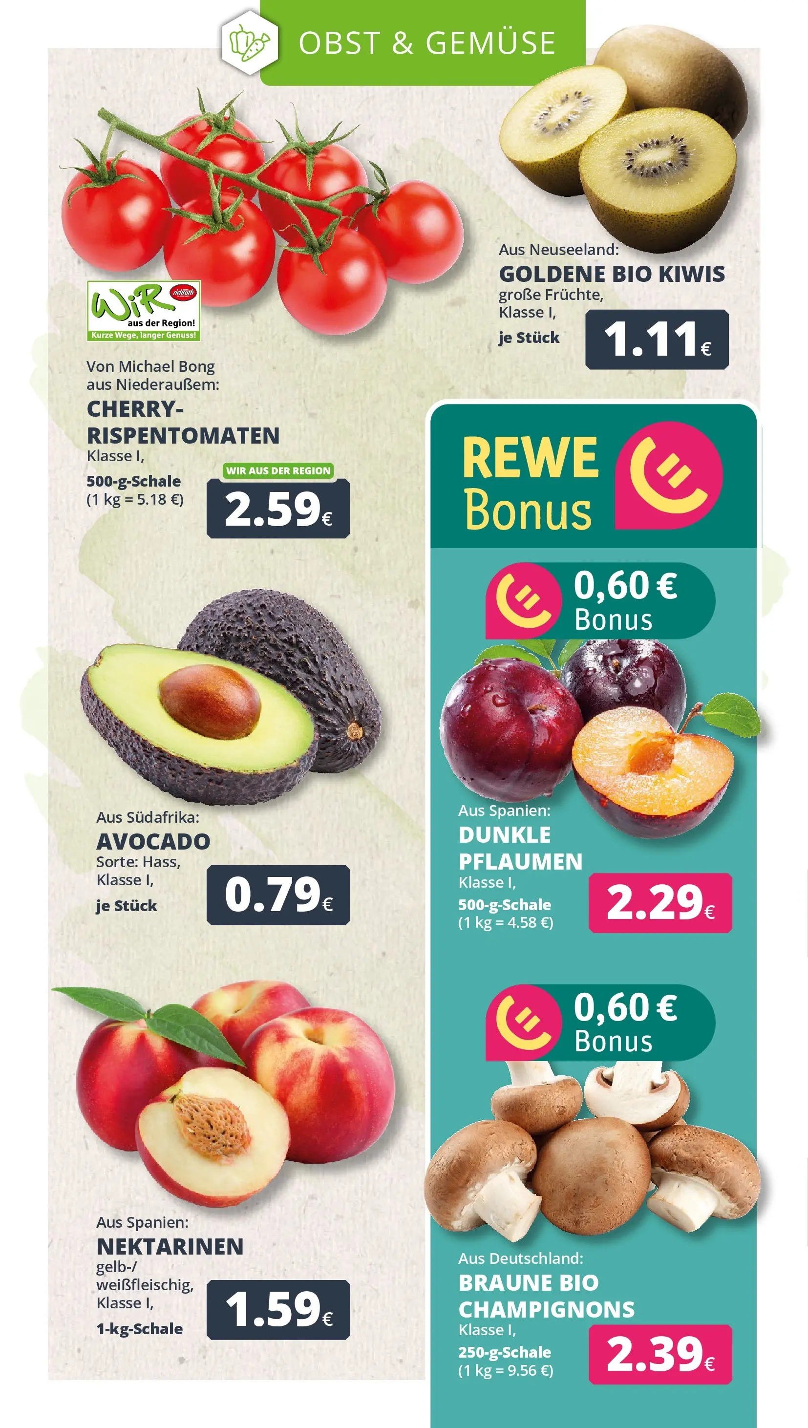 REWE Prospekt ab 13.07.2026 zum Blättern » Angebote | Seite: 10 | Produkte: Nektarinen, Avocado, Champignons, Gemüse