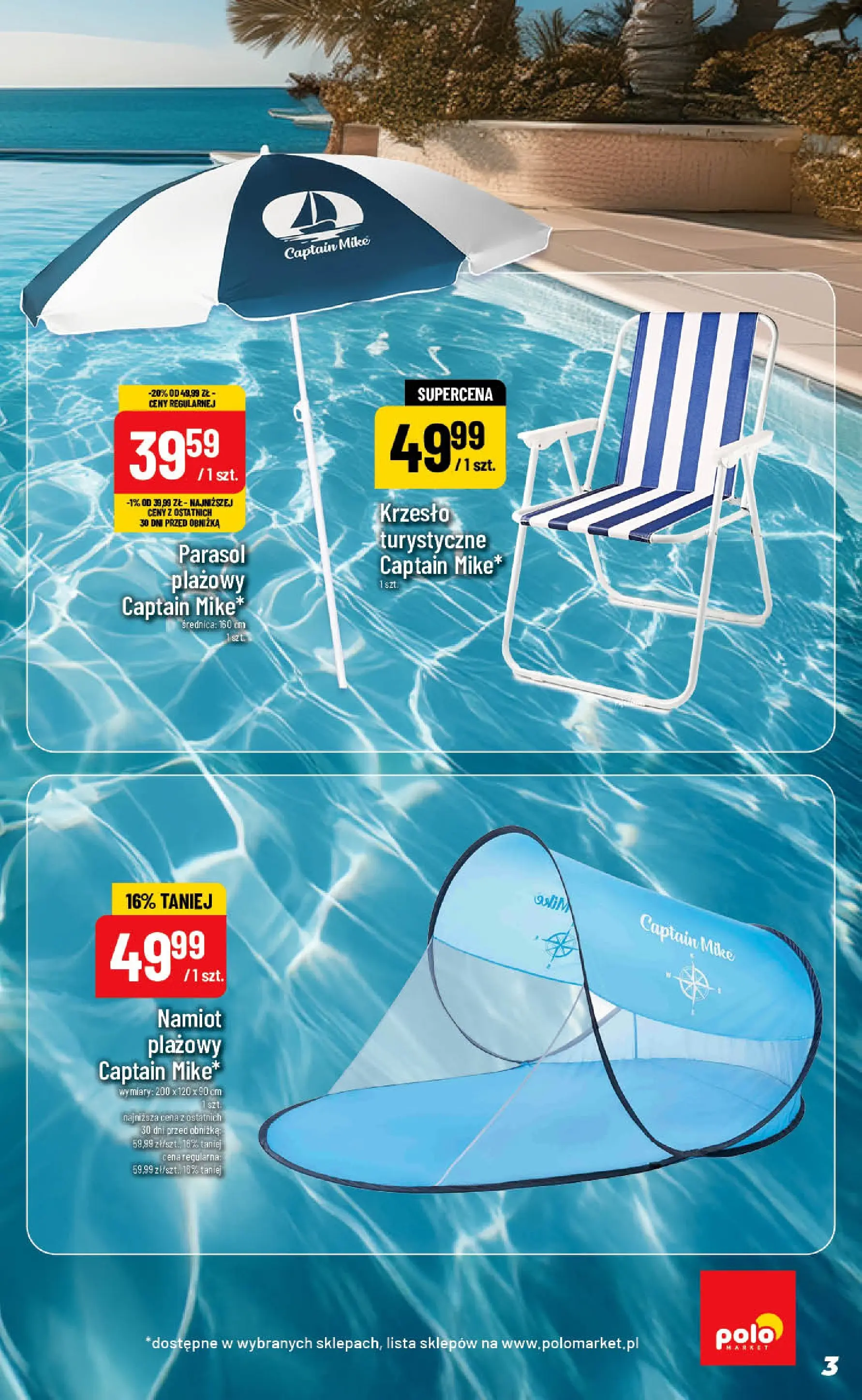 Nowa POLOmarket gazetka od jutra 08.07.2026 | Strona: 3 | Produkty: Namiot plażowy, Parasol, Krzesło