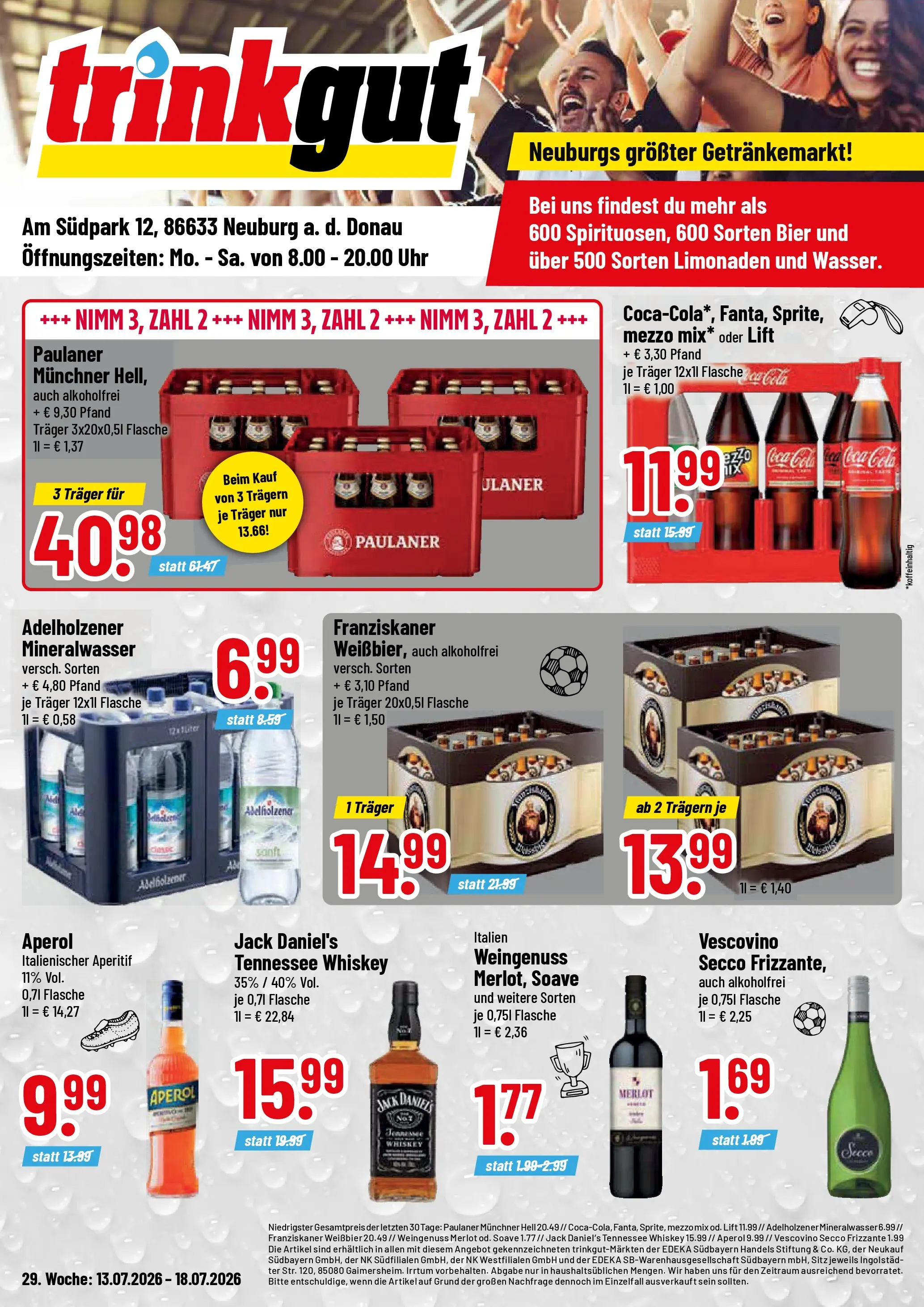 Trinkgut Prospekt Neuburg An Der Donau (ab 12.07.2026) » Angebote online | Seite: 1 | Produkte: Coca cola, Adelholzener, Uhr, Paulaner