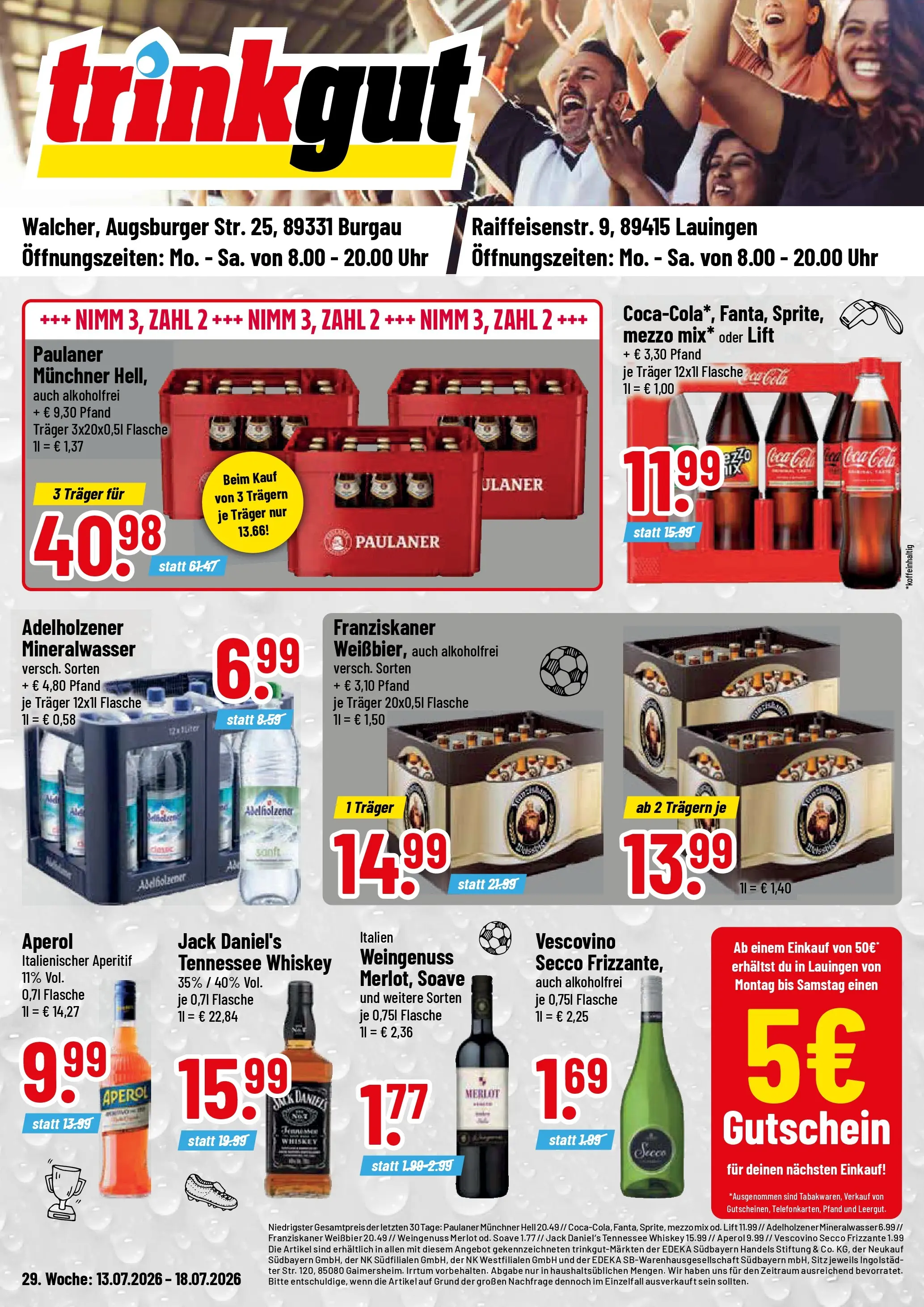 Trinkgut Prospekt Burgau (ab 12.07.2026) » Angebote online | Seite: 1 | Produkte: Merlot, Adelholzener, Whiskey, Paulaner