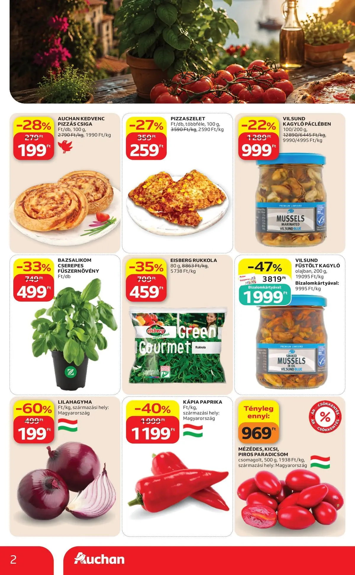 Auchan A nagy pizza-párbaj Budapest - 2026.07.09. -tól/töl > akció, lapozható szórólap 🛍️ | Oldal: 2 | Termékek: Bazsalikom, Pizza, Paradicsom, Kápia paprika
