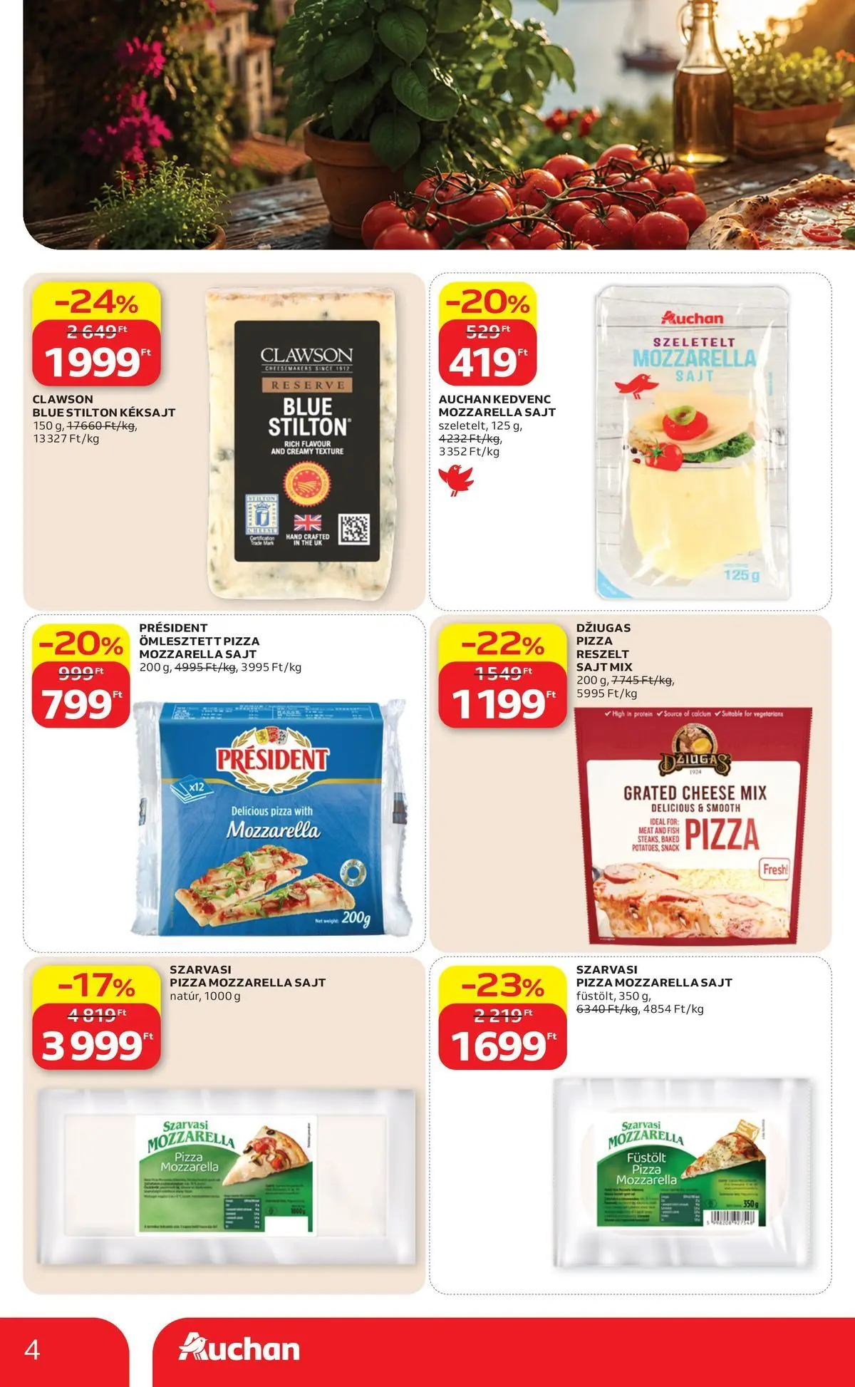 Auchan A nagy pizza-párbaj Budapest - 2026.07.09. -tól/töl > akció, lapozható szórólap 🛍️ | Oldal: 4 | Termékek: Mozzarella, Protein, Reszelt sajt, Pizza