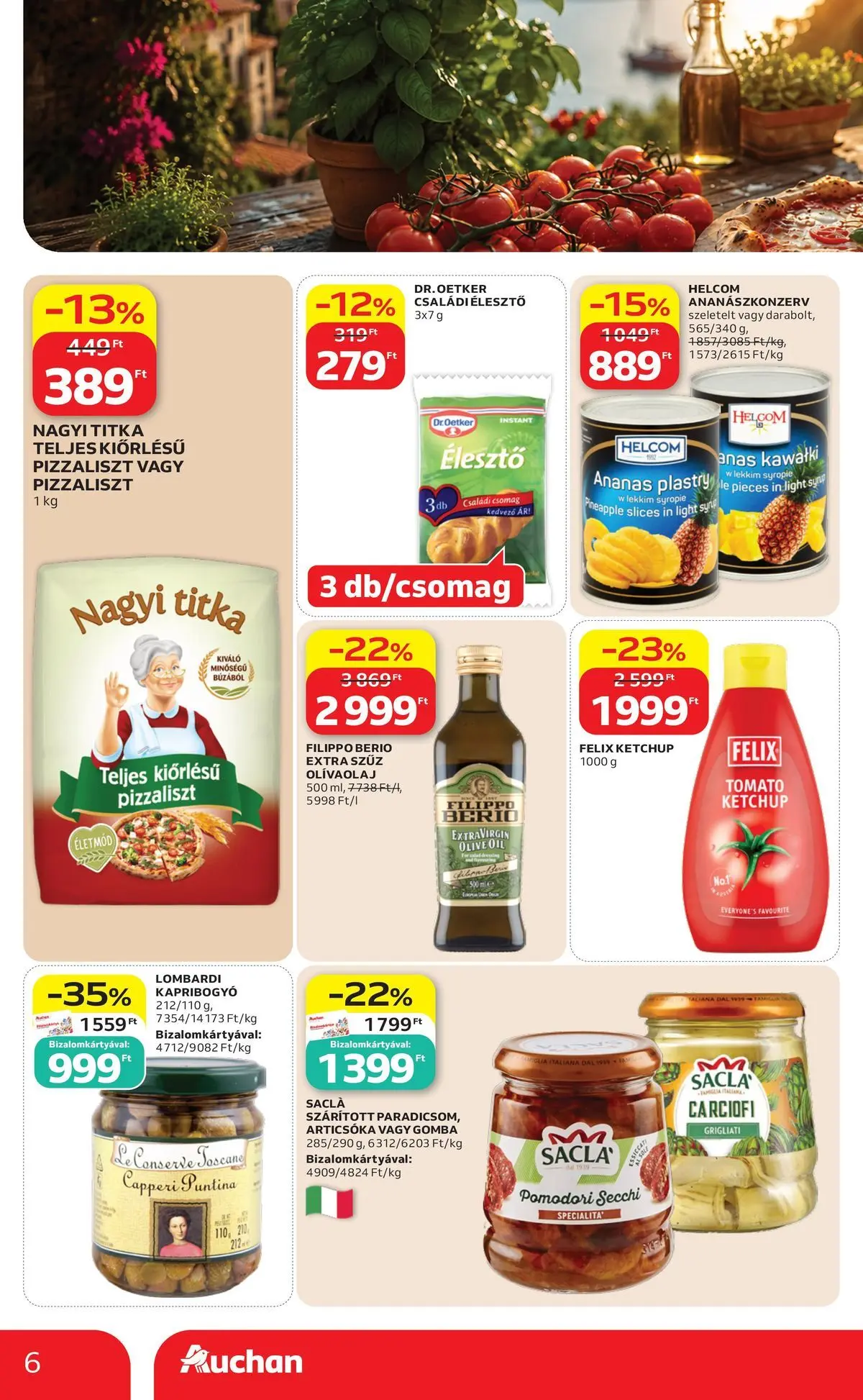 Auchan A nagy pizza-párbaj Budapest - 2026.07.09. -tól/töl > akció, lapozható szórólap 🛍️ | Oldal: 6 | Termékek: Articsóka, Extra szűz olivaolaj, Ketchup, Kapribogyó