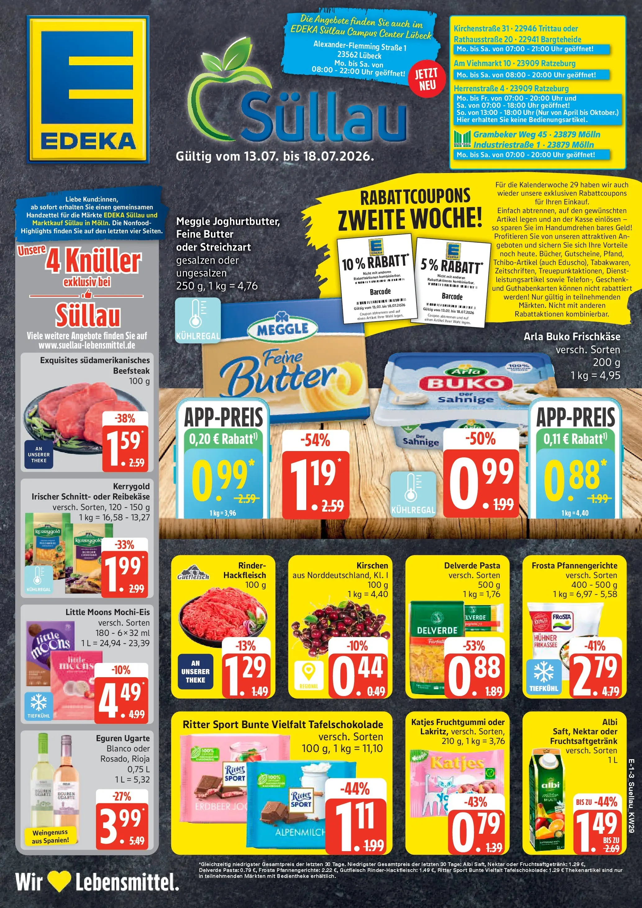 Edeka prospekt Ratzeburg (ab 13.07.2026) » Angebote Online | Seite: 1 | Produkte: Arla buko, Reibekase, Uhr, Hackfleisch