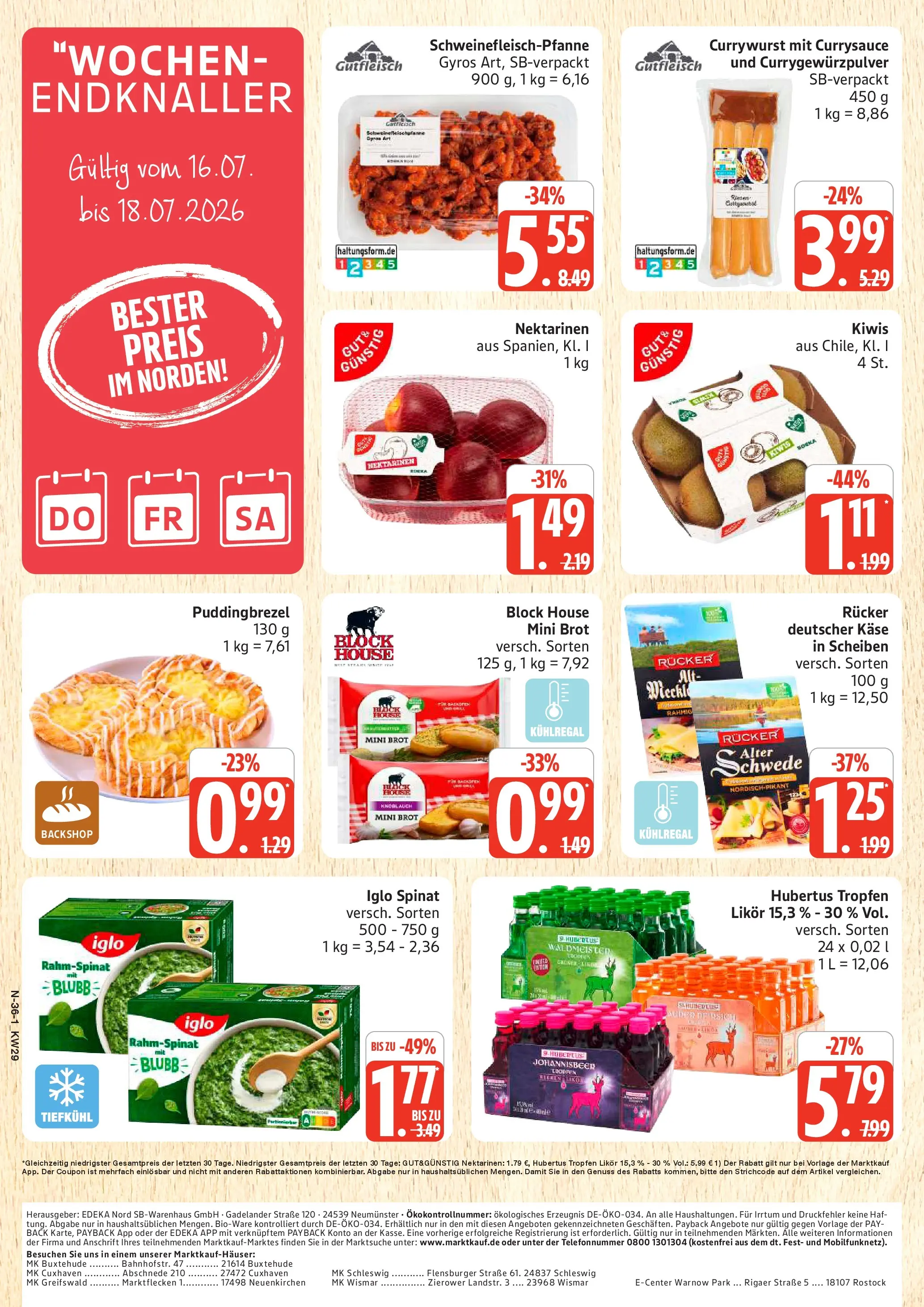 Edeka prospekt Schleswig (ab 13.07.2026) » Angebote Online | Seite: 36 | Produkte: Nektarinen, Knoblauch, Brot, Hubertus tropfen