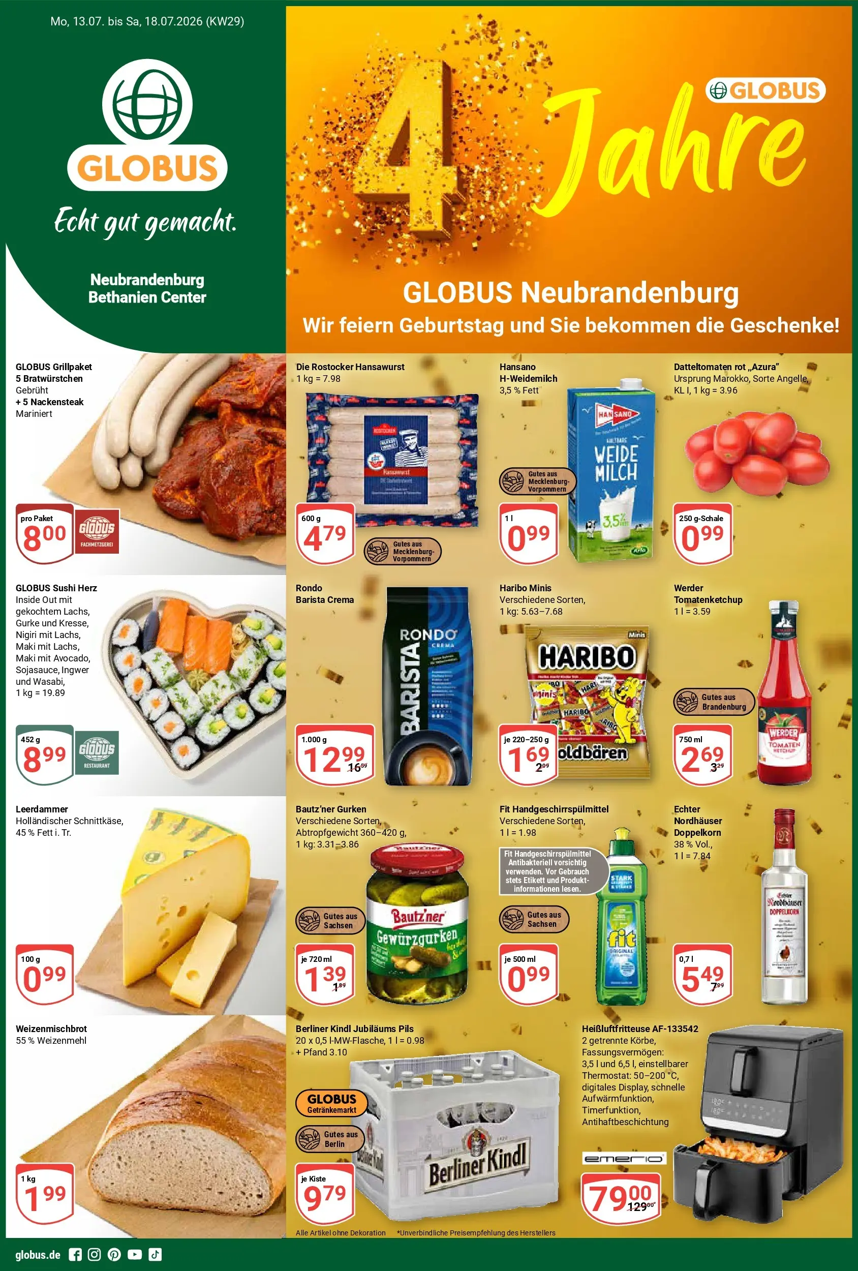 Globus Prospekt Neubrandenburg (ab 13.07.2026) » Angebote online | Seite: 1 | Produkte: Haribo, Milch, Leerdammer, Gurken