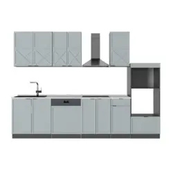 K&uuml;chenzeile Fame-Line, Hellblau-grau/Anthrazit, 300 cm mit Hochschrank, ohne Arbeitsplatte