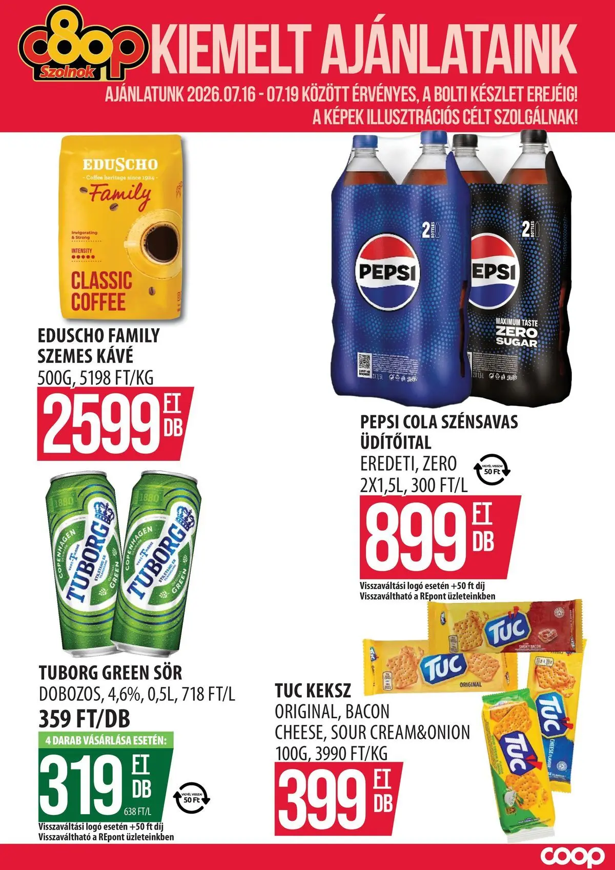 COOP Szolnok akciós újság Szolnok - 2026.07.16. -tól/töl > akció, lapozható szórólap 🛍️ | Oldal: 1 | Termékek: Pepsi, Cola, Kávé, Szemes kávé