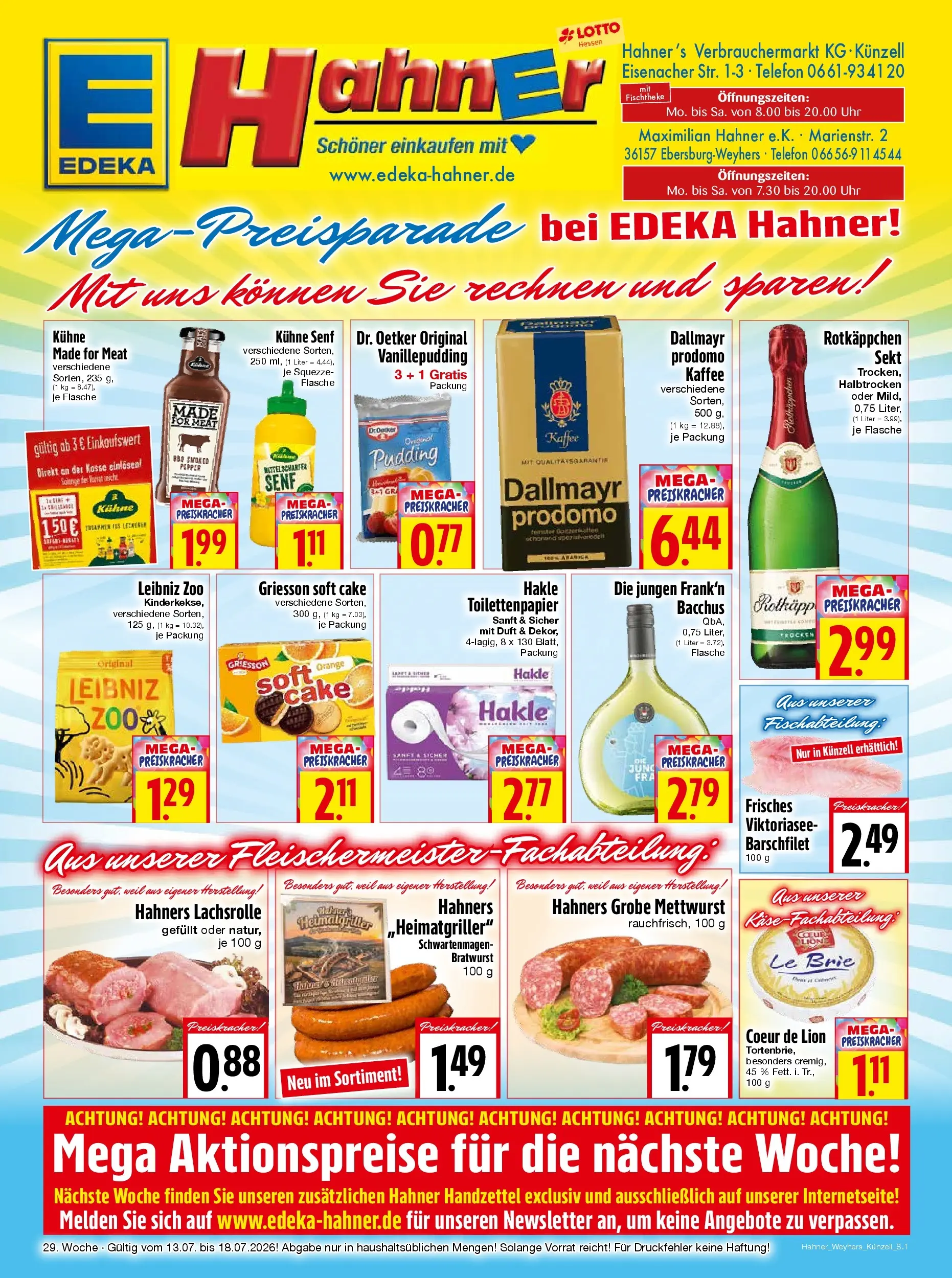 Angebote - Edeka Hahner: Wochenangebote (ab 12.07.2026) zum Blättern | Seite: 1 | Produkte: Kaffee, Dallmayr, Rotkäppchen, Toilettenpapier