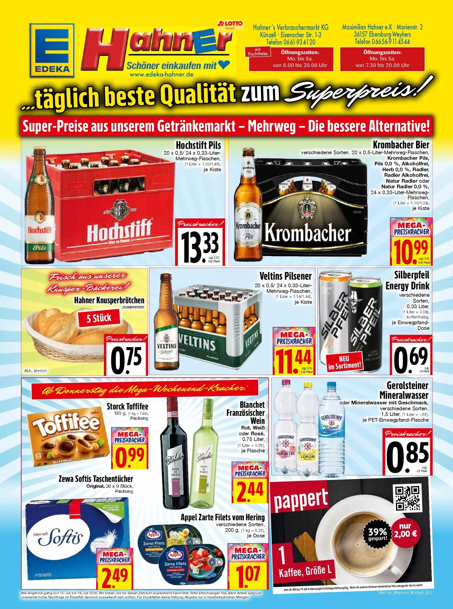Angebote - Edeka Hahner: Wochenangebote (ab 12.07.2026) zum Blättern | Seite: 2 | Produkte: Bier, Wein, Uhr, Veltins