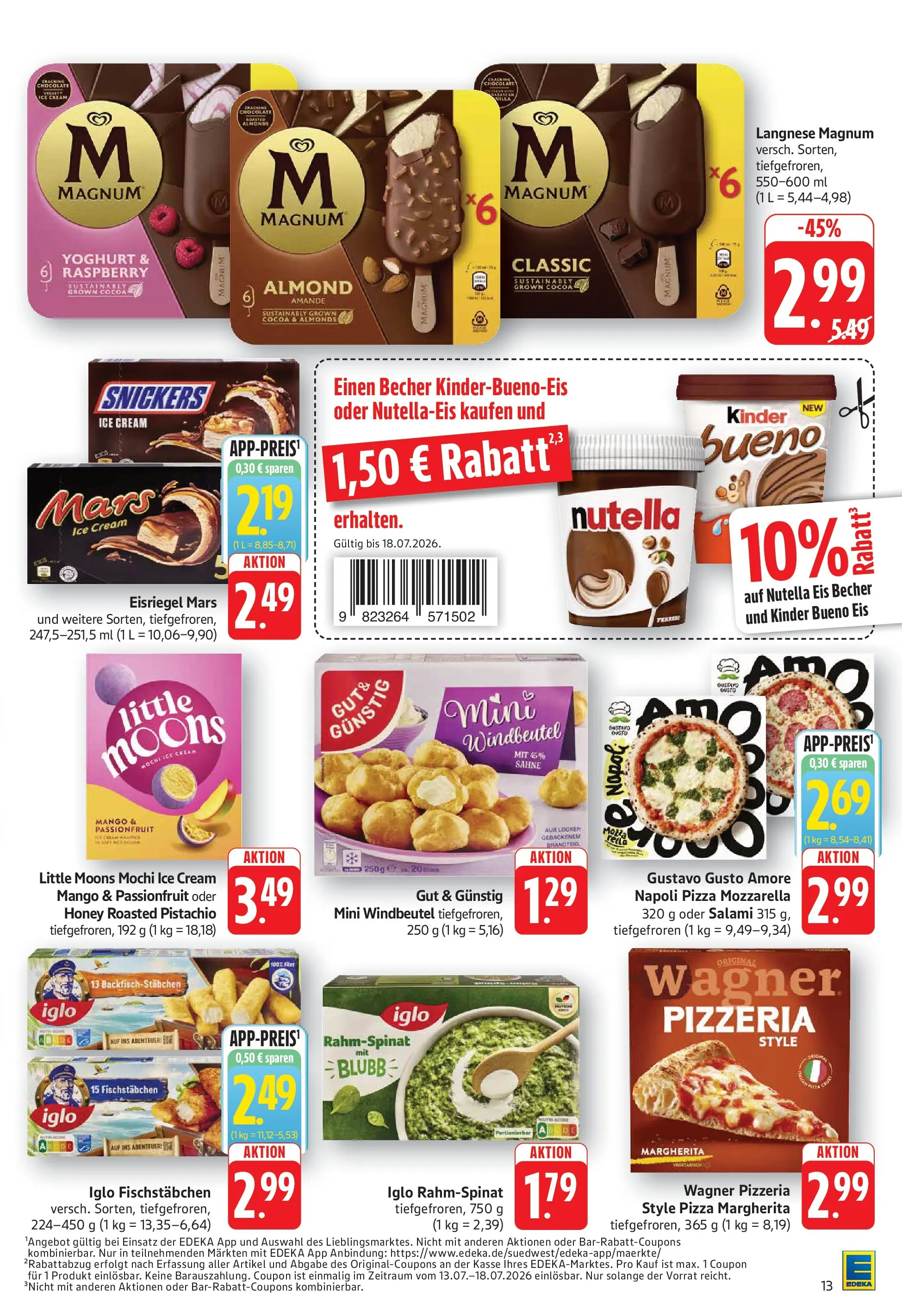 E center Prospekt Göppingen (ab 13.07.2026) zum Blättern | Seite: 13 | Produkte: Mozzarella, Salami, Sahne, Mochi
