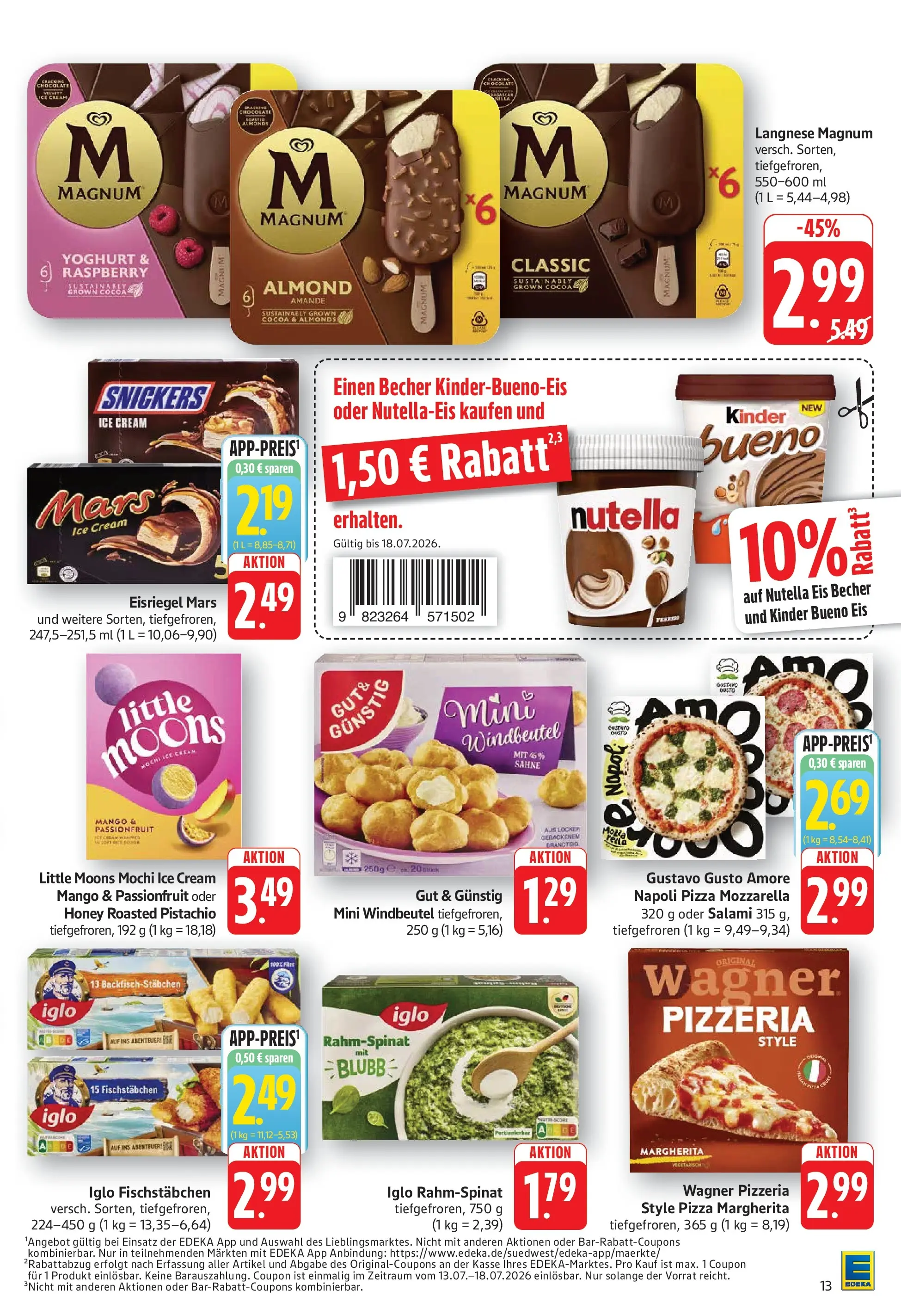 E center Prospekt Eislingen (ab 13.07.2026) zum Blättern | Seite: 13 | Produkte: Langnese, Kinder bueno, Mango, Eis