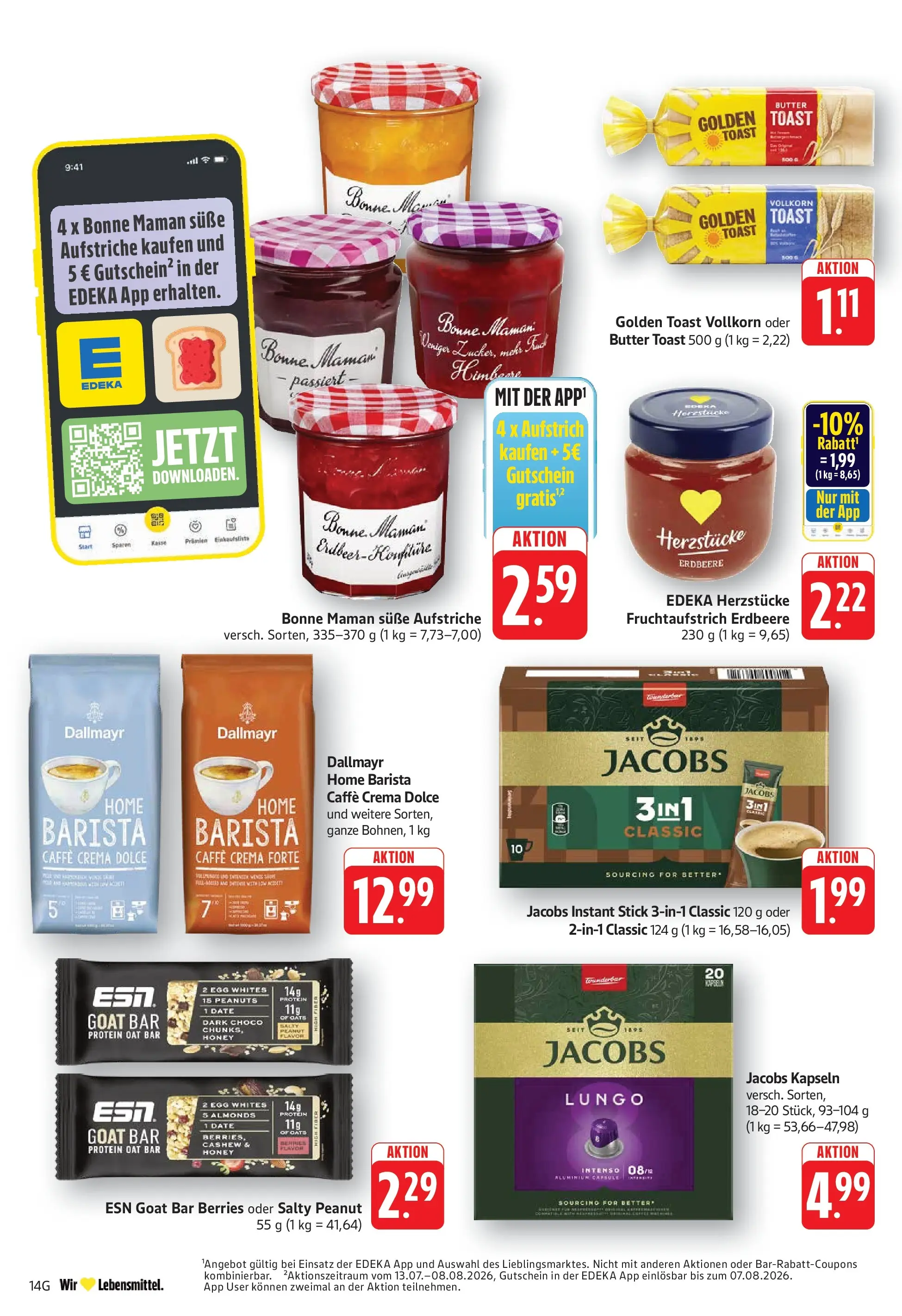 E center Prospekt Eislingen (ab 13.07.2026) zum Blättern | Seite: 14 | Produkte: Butter, Dallmayr, Himbeere, Bonne maman