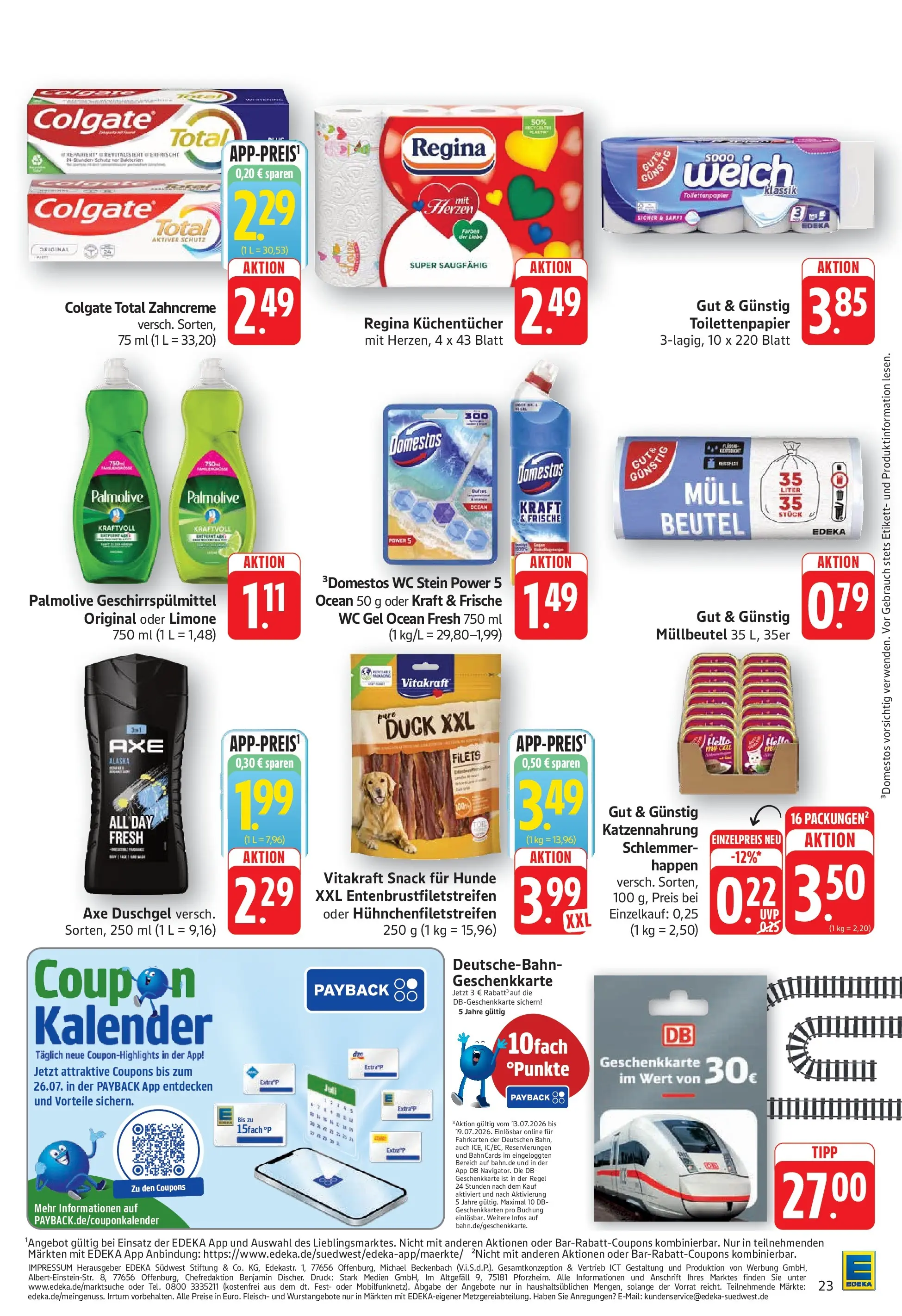 E center Prospekt Eislingen (ab 13.07.2026) zum Blättern | Seite: 23 | Produkte: Geschirrspülmittel, WC Stein, Fleisch, Toilettenpapier