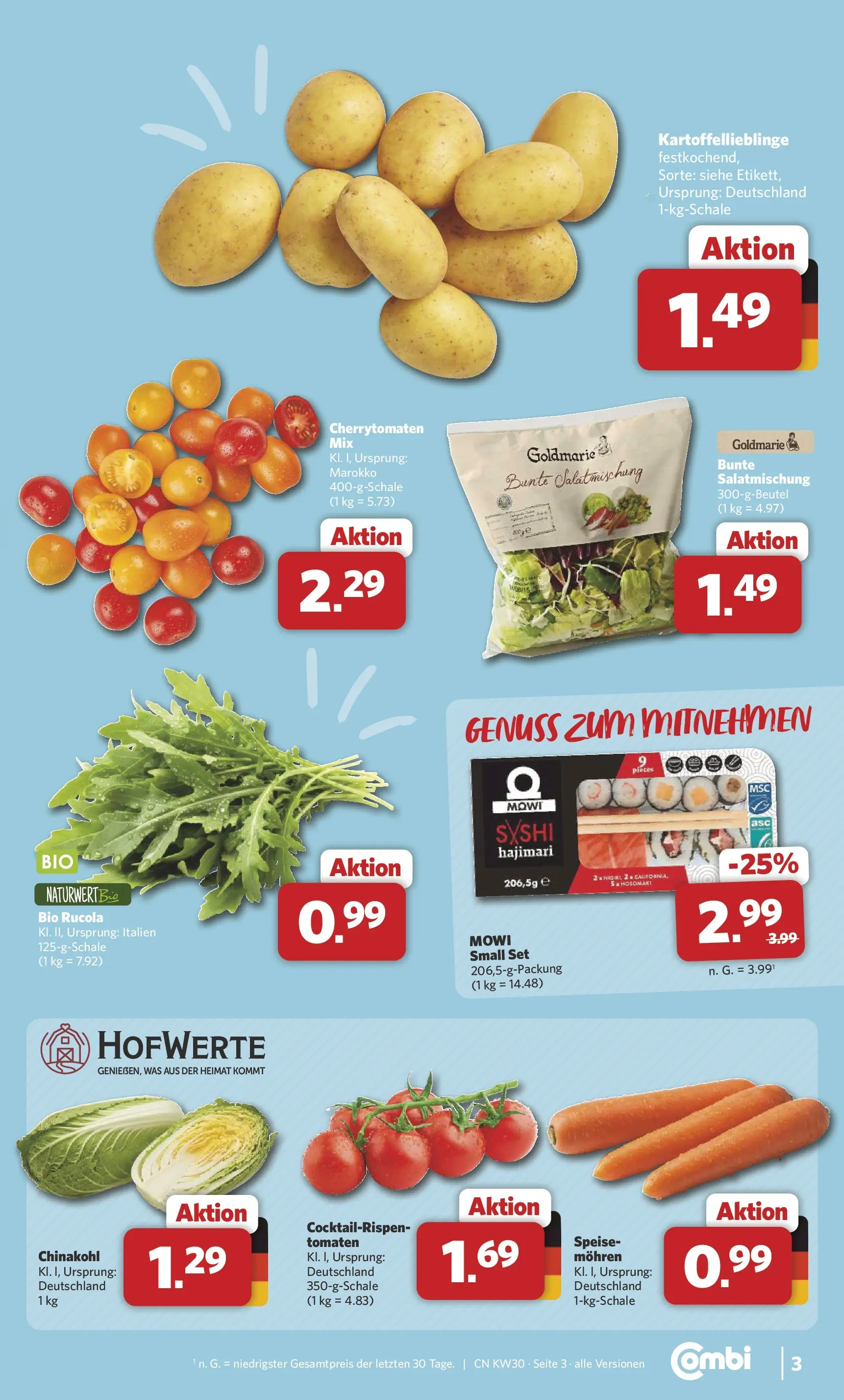 Combi Prospekt Weener (ab 20.07.2026) zum Blättern | Seite: 3 | Produkte: Rucola, Tomaten, Mohren, Chinakohl