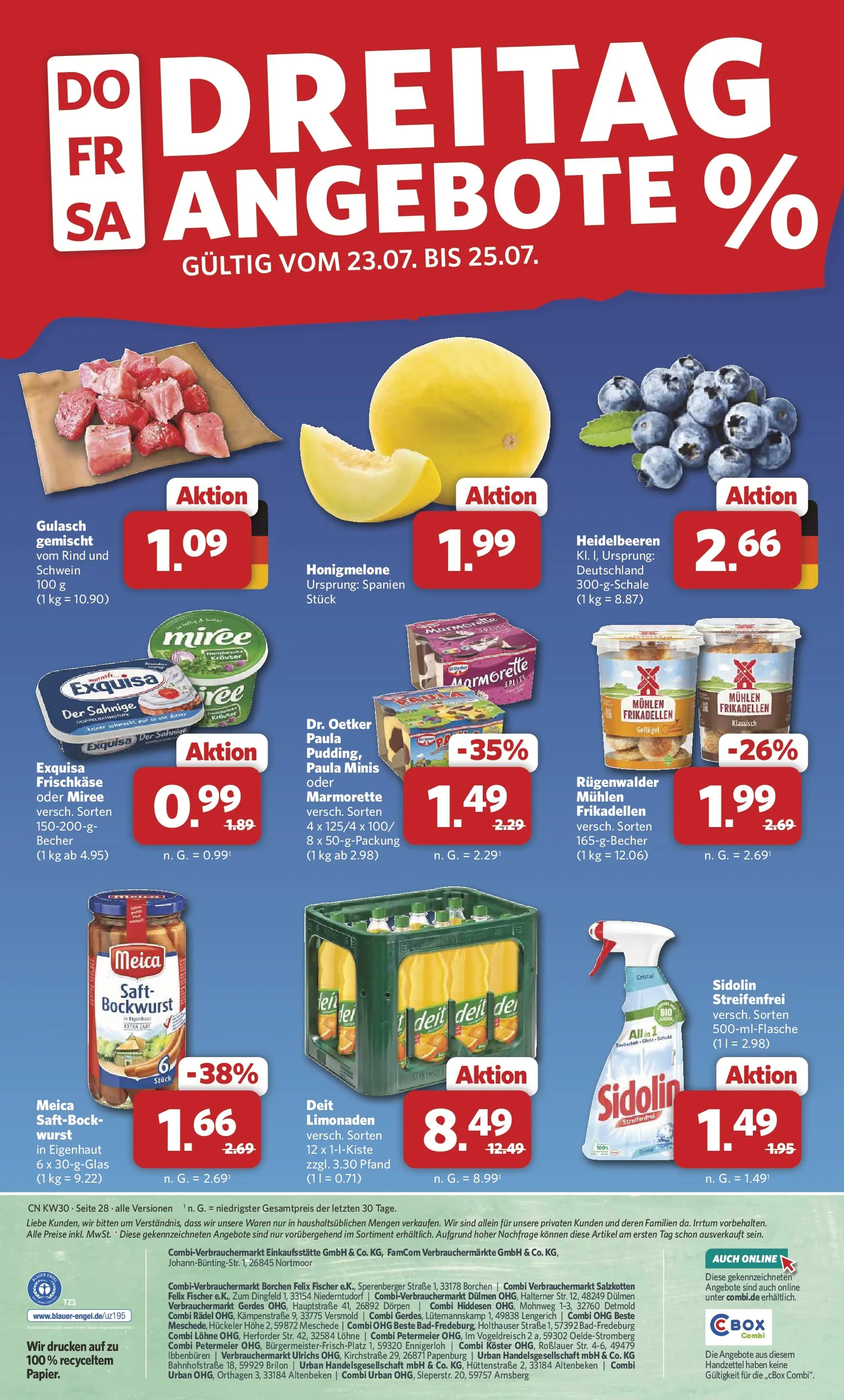Combi Prospekt Weener (ab 20.07.2026) zum Blättern | Seite: 30 | Produkte: Heidelbeeren, Exquisa, Honigmelone, Wurst