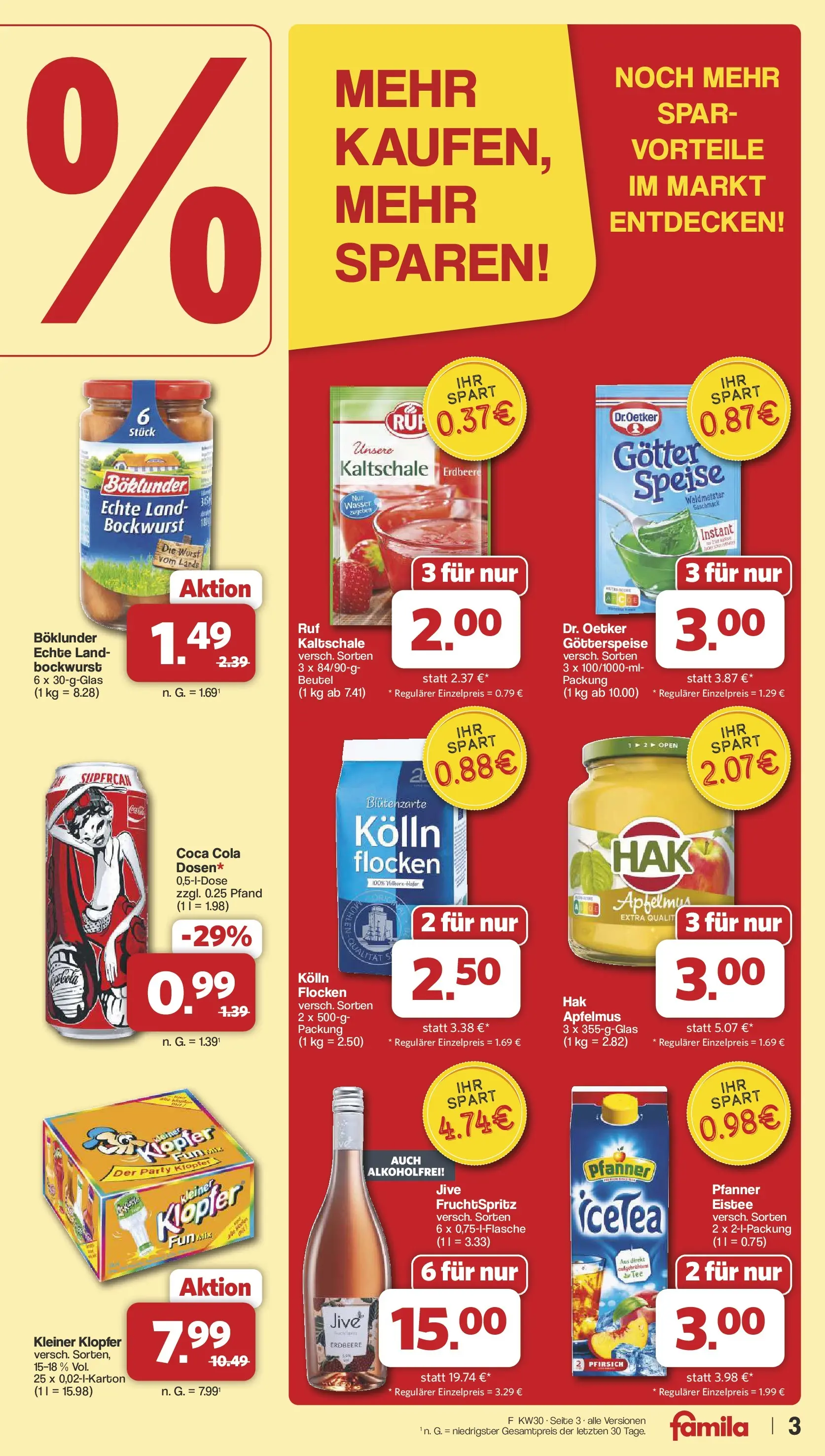 Famila Nordwest Wochenangebote (ab 20.07.2026) zum Blättern | Seite: 3 | Produkte: Coca cola, Kolln, Wasser, Flocken