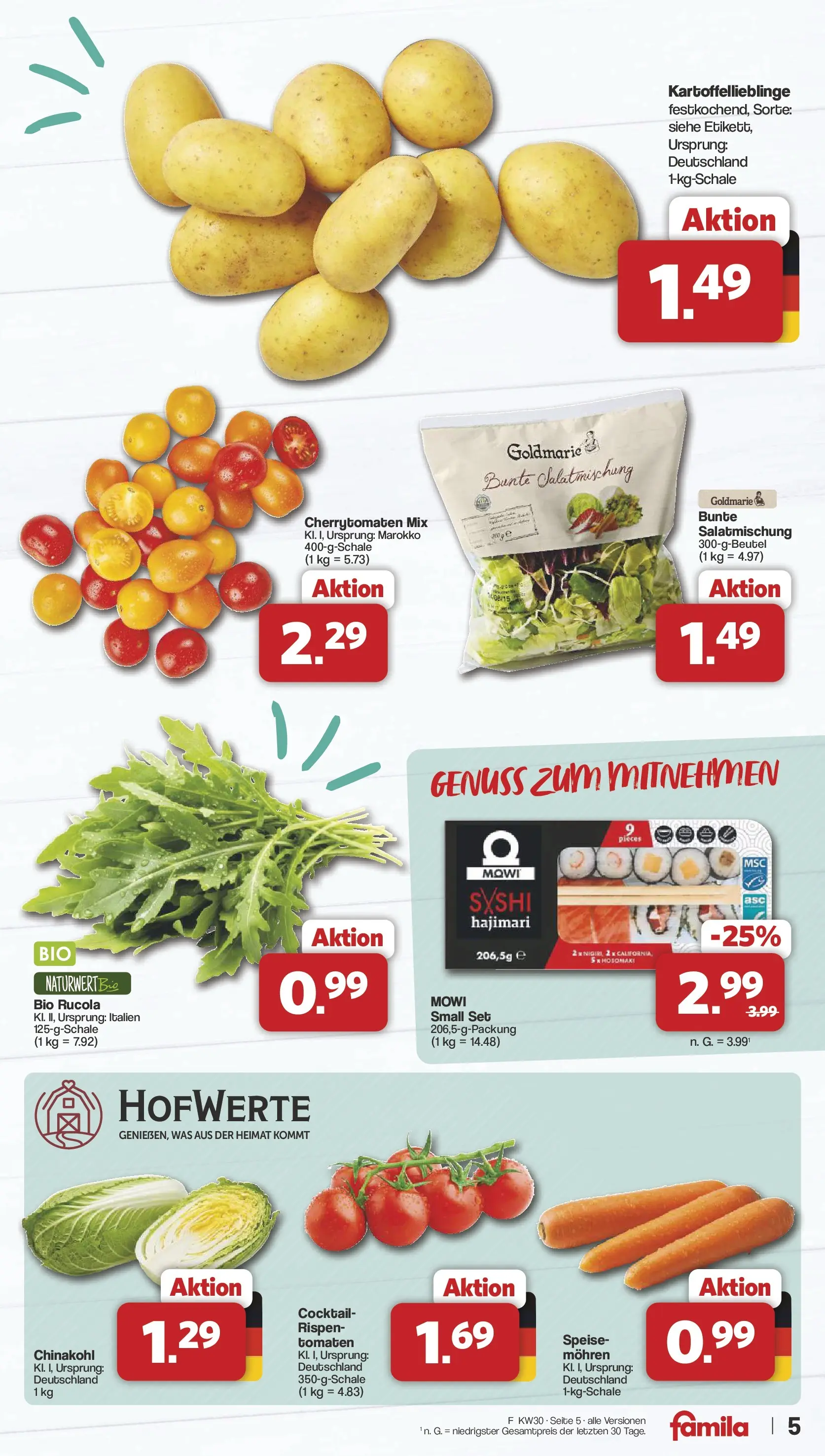 Famila Nordwest Wochenangebote (ab 20.07.2026) zum Blättern | Seite: 5 | Produkte: Rucola, Tomaten, Mohren, Chinakohl