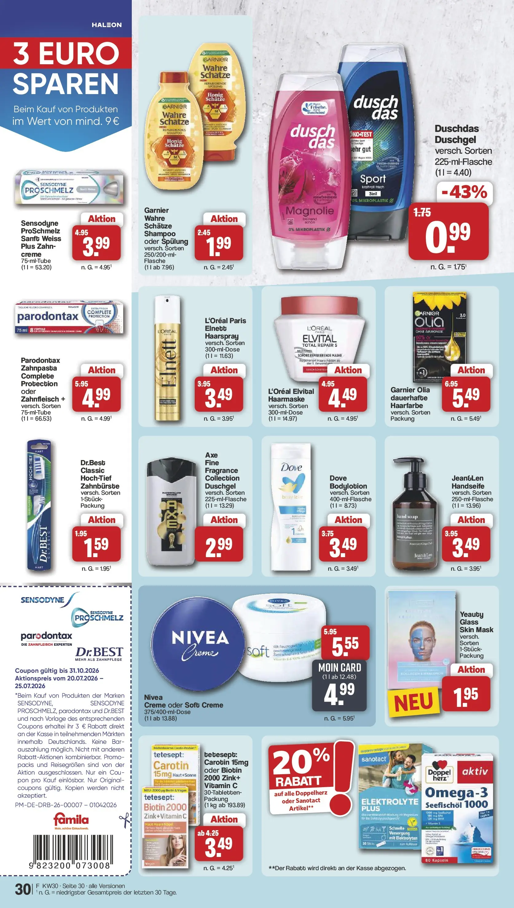 Famila Nordwest Wochenangebote (ab 20.07.2026) zum Blättern | Seite: 32 | Produkte: Haarmaske, Creme, Zahnpasta, Duschdas