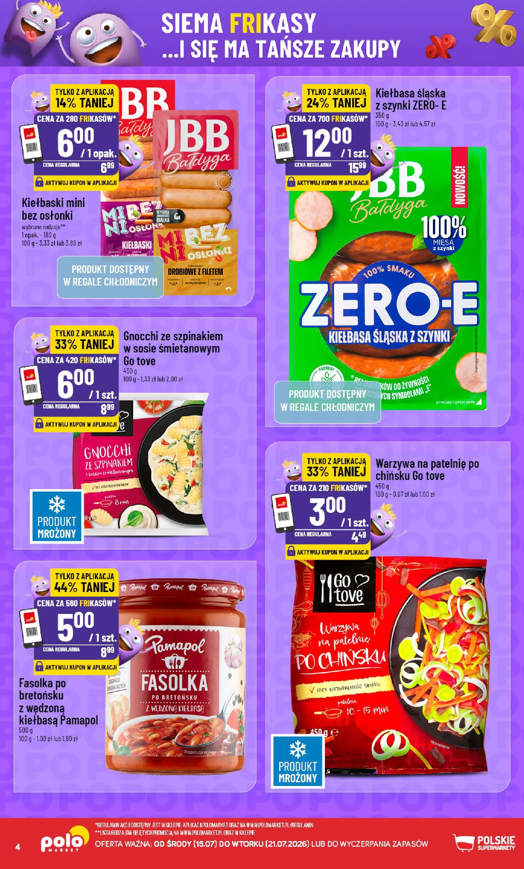 Nowa POLOmarket gazetka od jutra 15.07.2026 | Strona: 4 | Produkty: Warzywa na patelnie, Kiełbaski, Kiełbasa śląska, Gnocchi