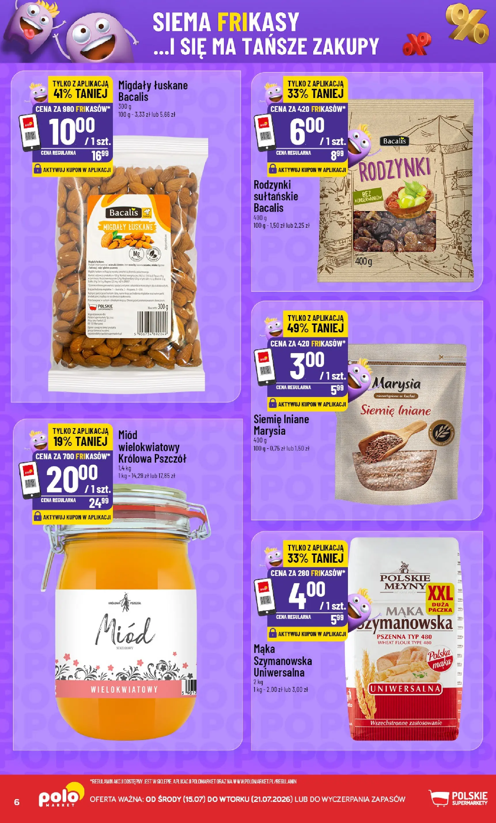 Nowa POLOmarket gazetka od jutra 15.07.2026 | Strona: 6 | Produkty: Miód, Rodzynki