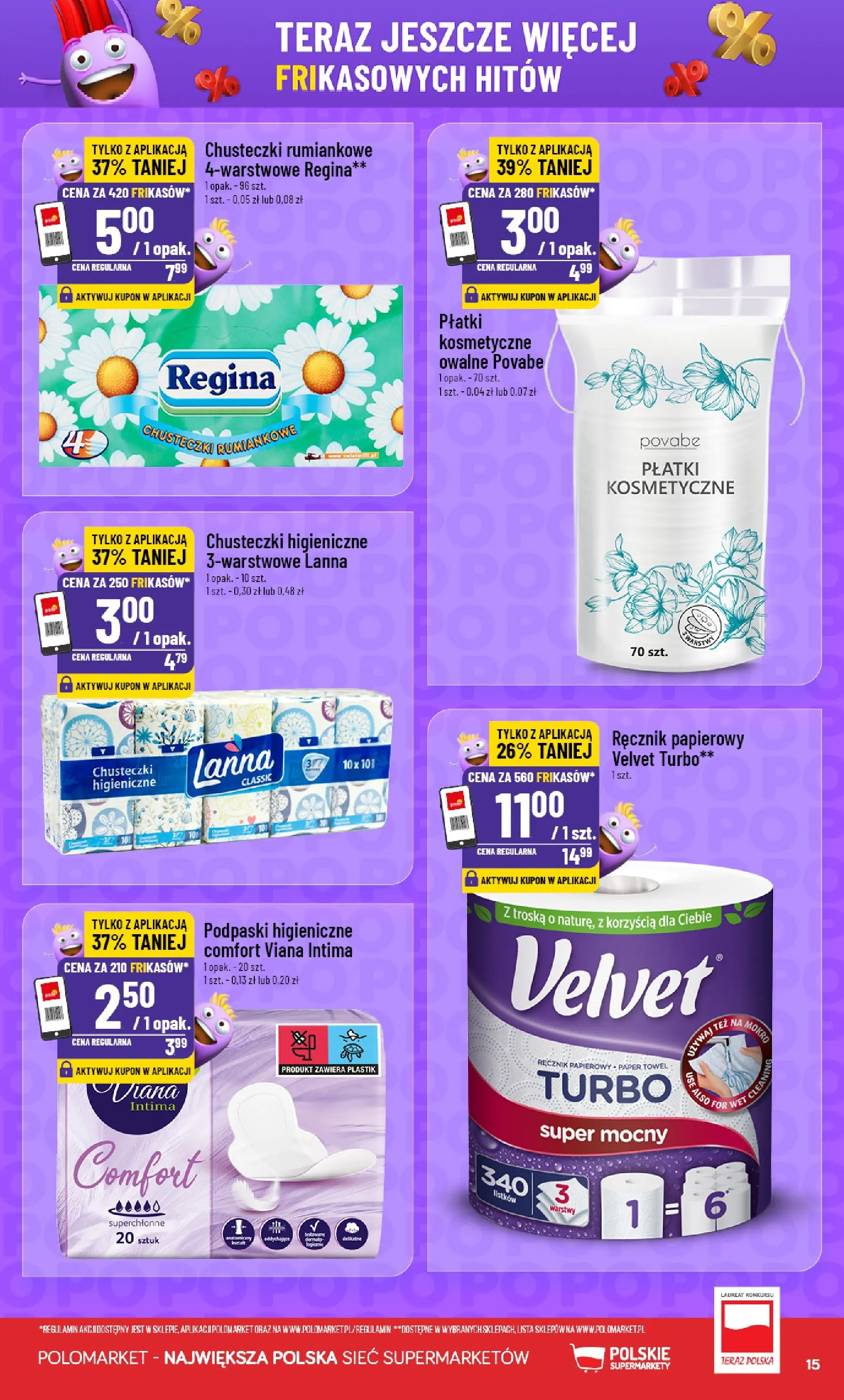 Nowa POLOmarket gazetka od jutra 15.07.2026 | Strona: 15 | Produkty: Chusteczki higieniczne, Podpaski, Płatki kosmetyczne, Płatki