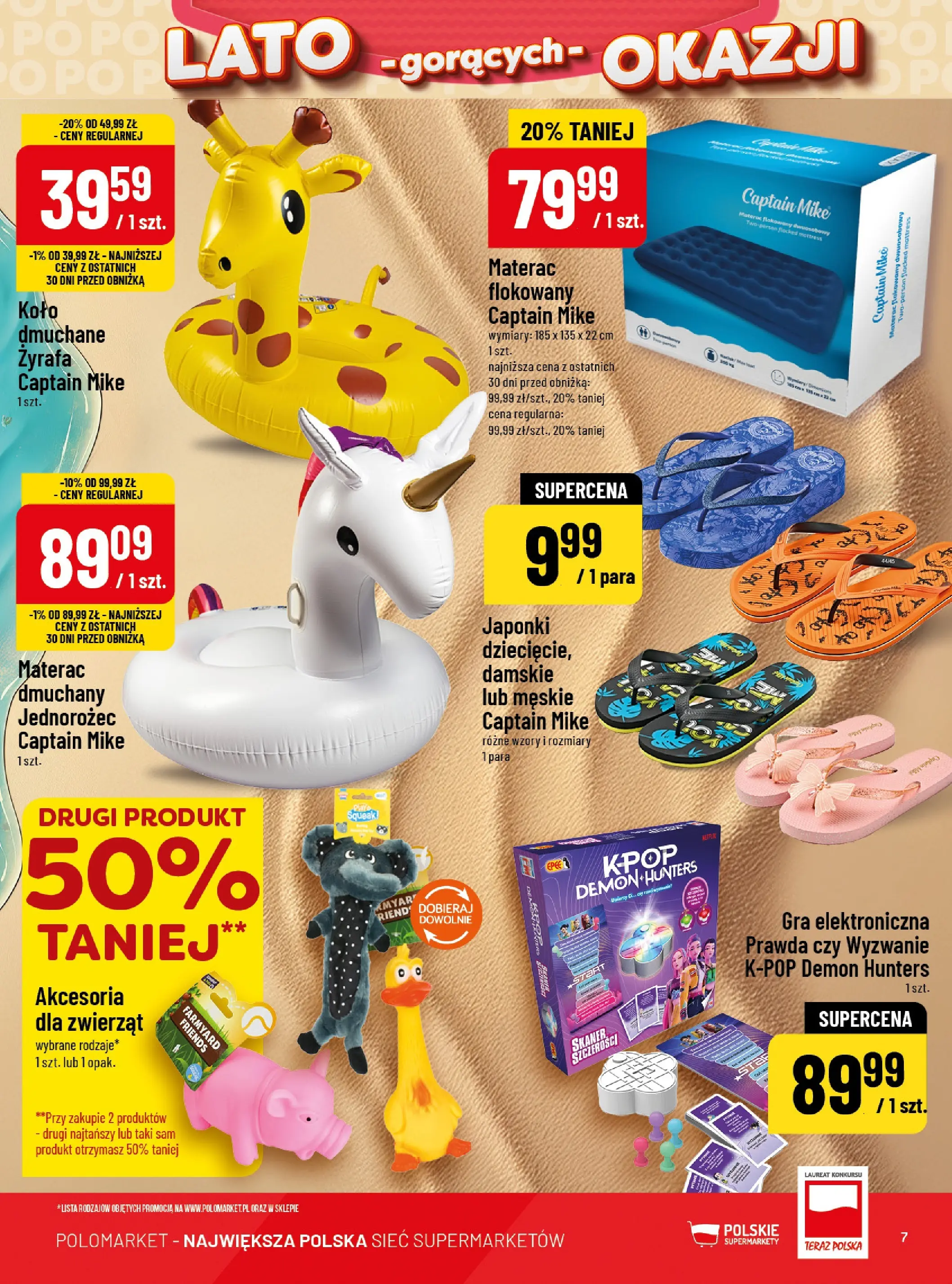 Nowa POLOmarket gazetka od jutra 15.07.2026 | Strona: 7 | Produkty: Japonki, Gra, Jednorożec, Materac
