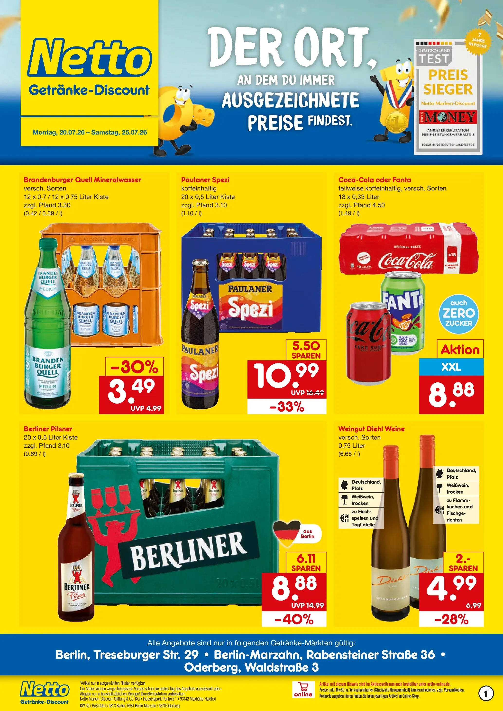 Netto Marken-Discount Prospekt Berlin (ab 20.07.2026) » Angebote | Seite: 1 | Produkte: Paulaner spezi, Mineralwasser, Fisch, Zucker