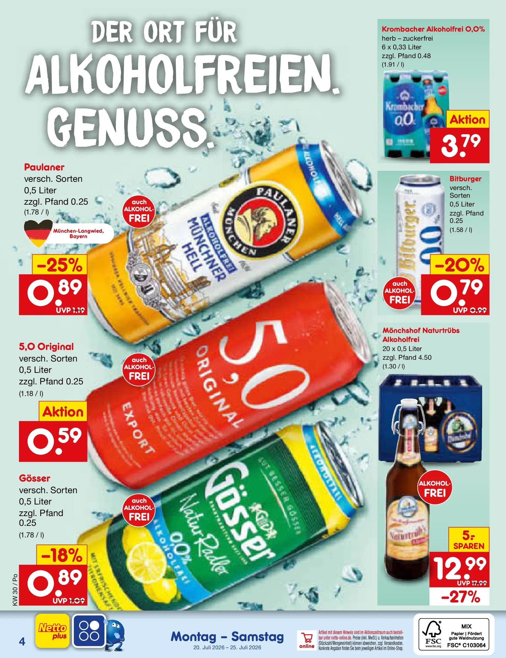 Netto Marken-Discount Prospekt Regensburg (ab 20.07.2026) » Angebote | Seite: 55 | Produkte: Monchshof, Krombacher alkoholfrei, Radler, Krombacher