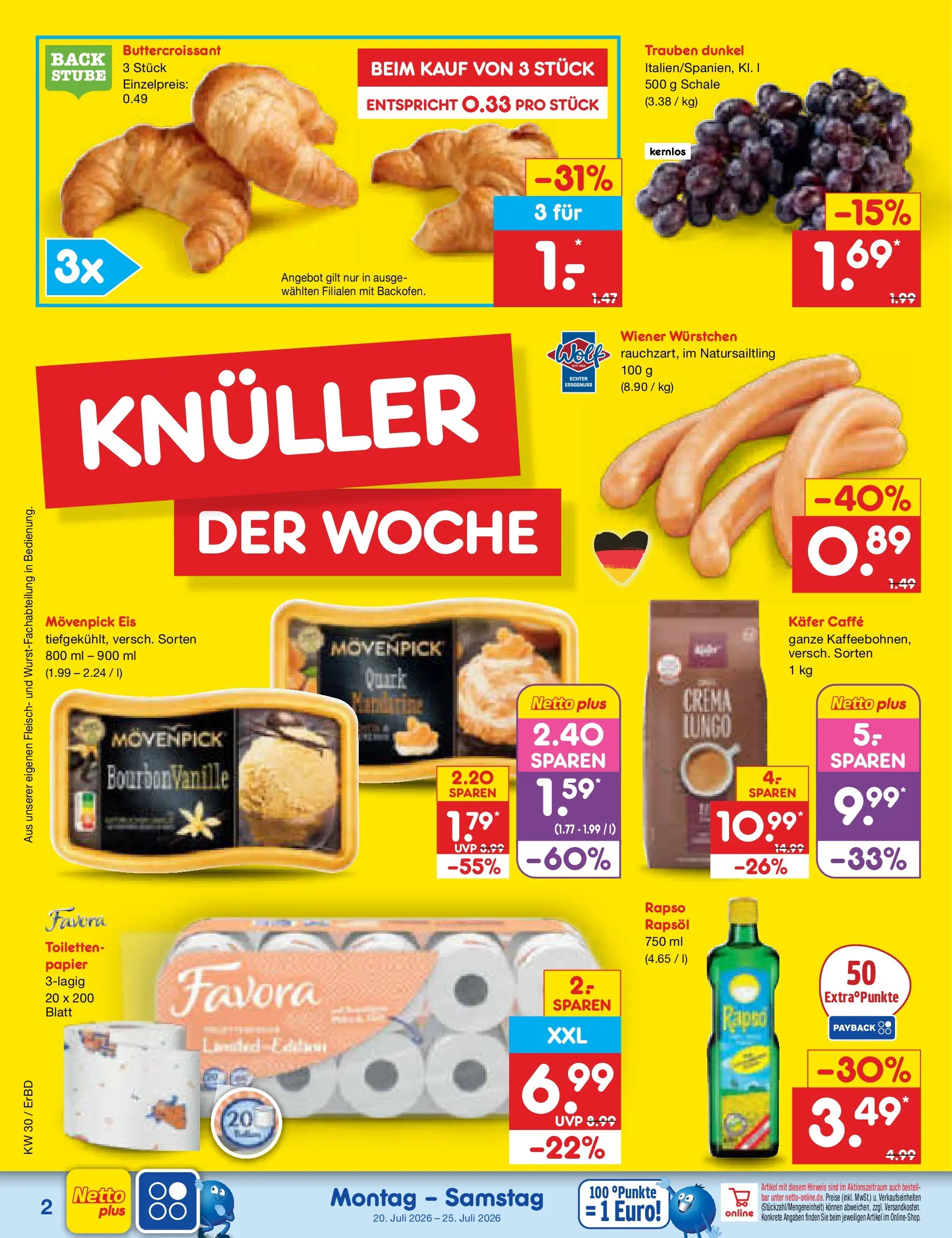 Netto Marken-Discount Prospekt Weimar (ab 19.07.2026) » Angebote | Seite: 2 | Produkte: Wiener wurstchen, Trauben, Movenpick eis, Bourbon