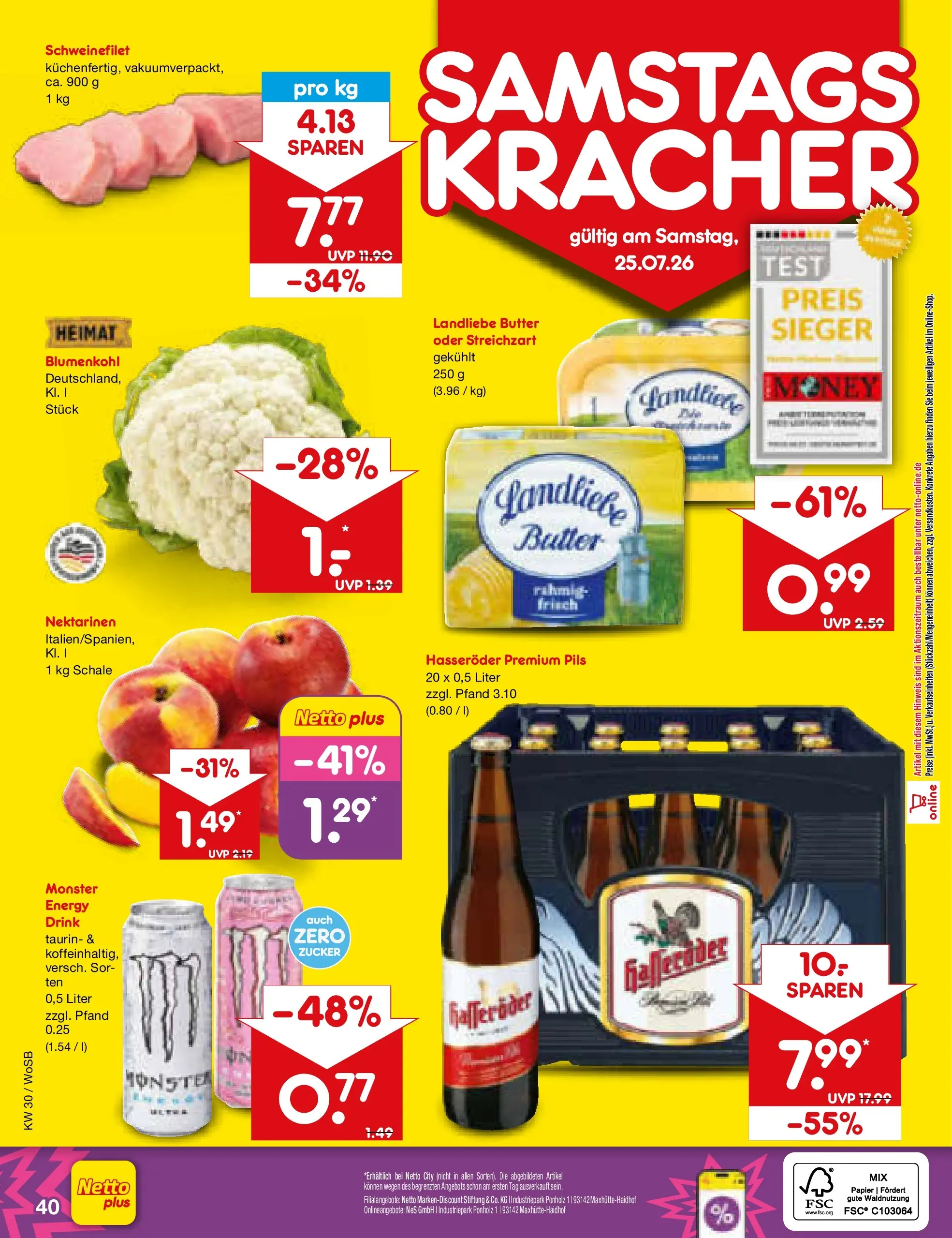 Netto Marken-Discount Prospekt Mannheim (ab 19.07.2026) » Angebote | Seite: 64 | Produkte: Butter, Schweinefilet, Zucker, Blumenkohl