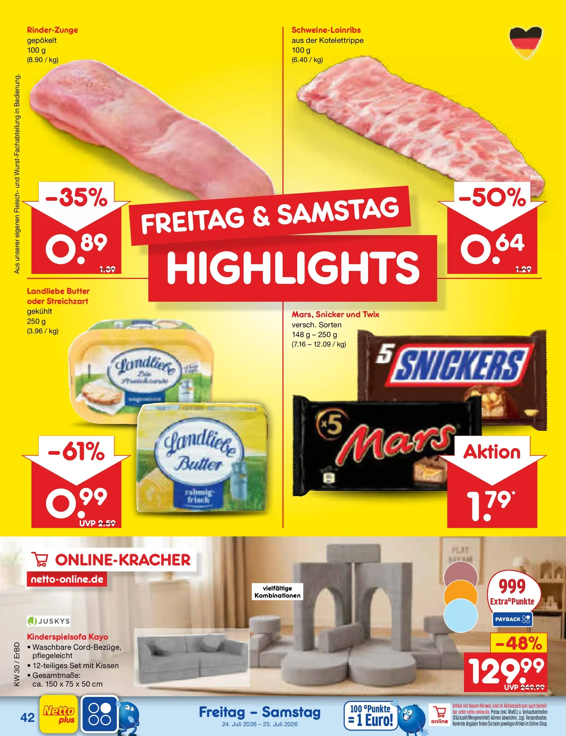 Netto Marken-Discount Prospekt Weimar (ab 19.07.2026) » Angebote | Seite: 66 | Produkte: Kissen, Butter, Snickers, Fleisch