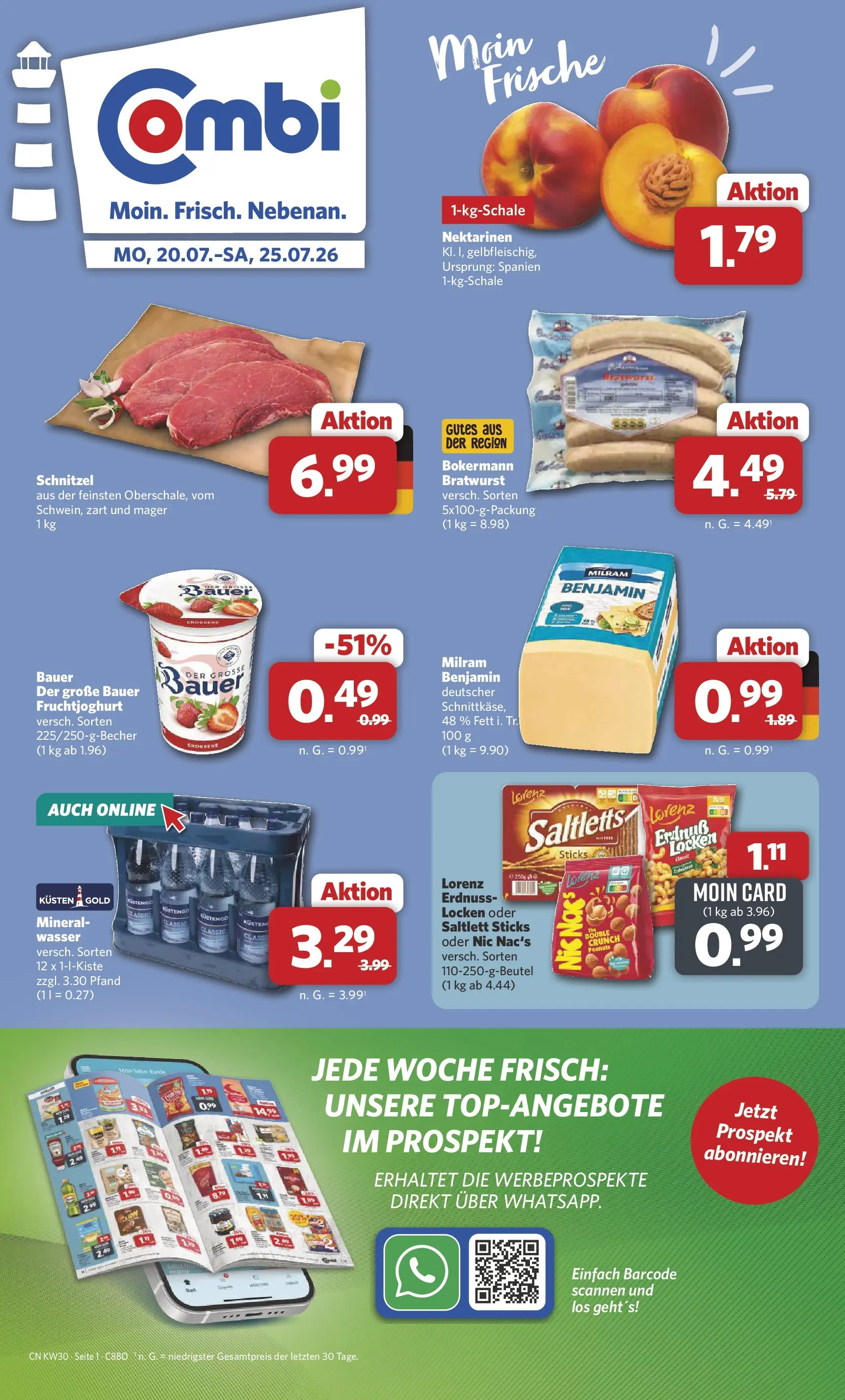 Combi Prospekt Borchen (ab 20.07.2026) zum Blättern | Seite: 1 | Produkte: Nektarinen, Bratwurst, Fruchtjoghurt, Milram
