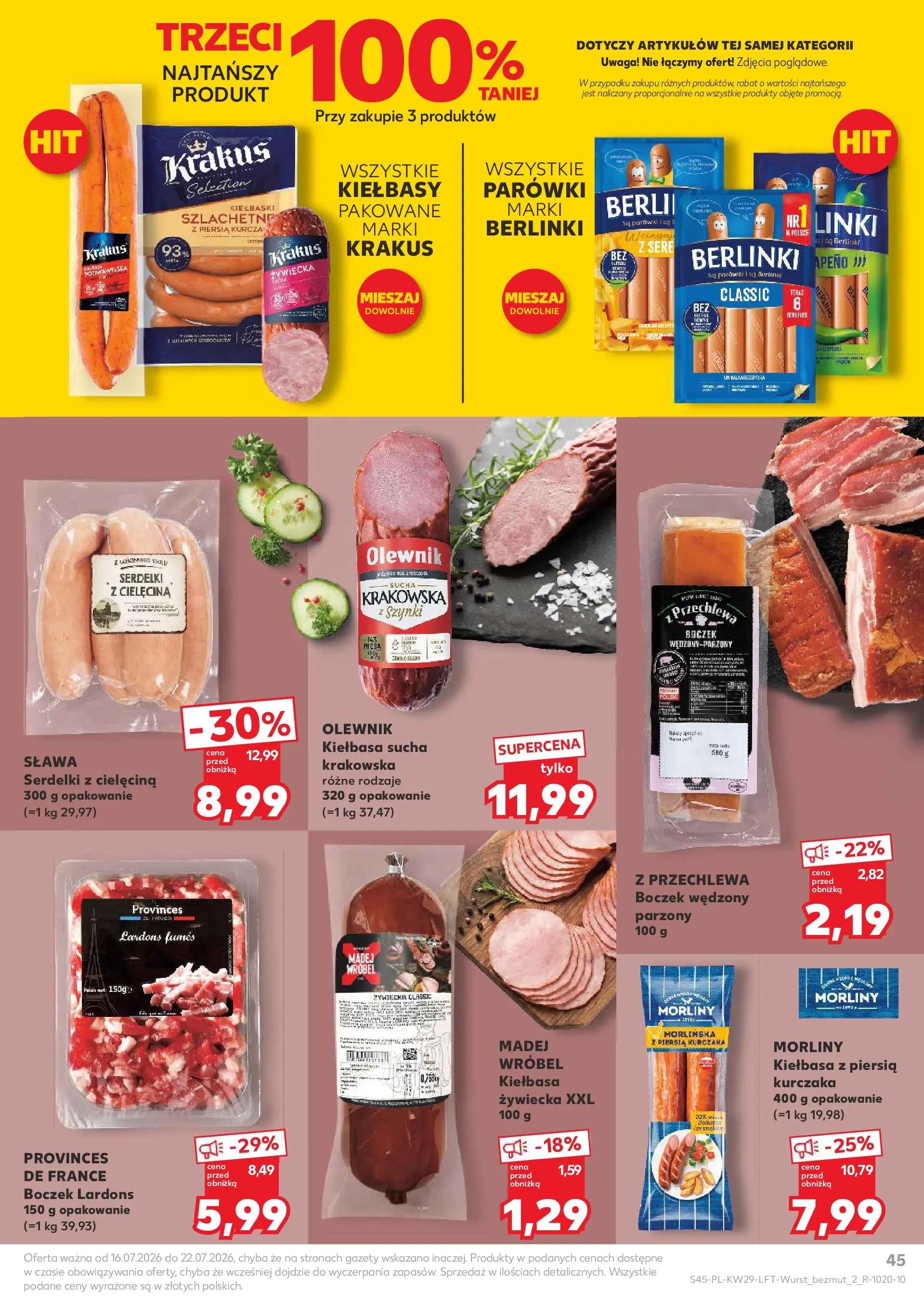 Kaufland gazetka (16.07.2026) - od jutra | Strona: 45 | Produkty: Kiełbasa, Boczek wędzony parzony, Kiełbaski, Boczek wędzony Kaufland gazetka od 16.07.2026 - od jutra PDF | Strona: 45 | Produkty: Kiełbasa, Boczek wędzony parzony, Kiełbaski, Boczek wędzony