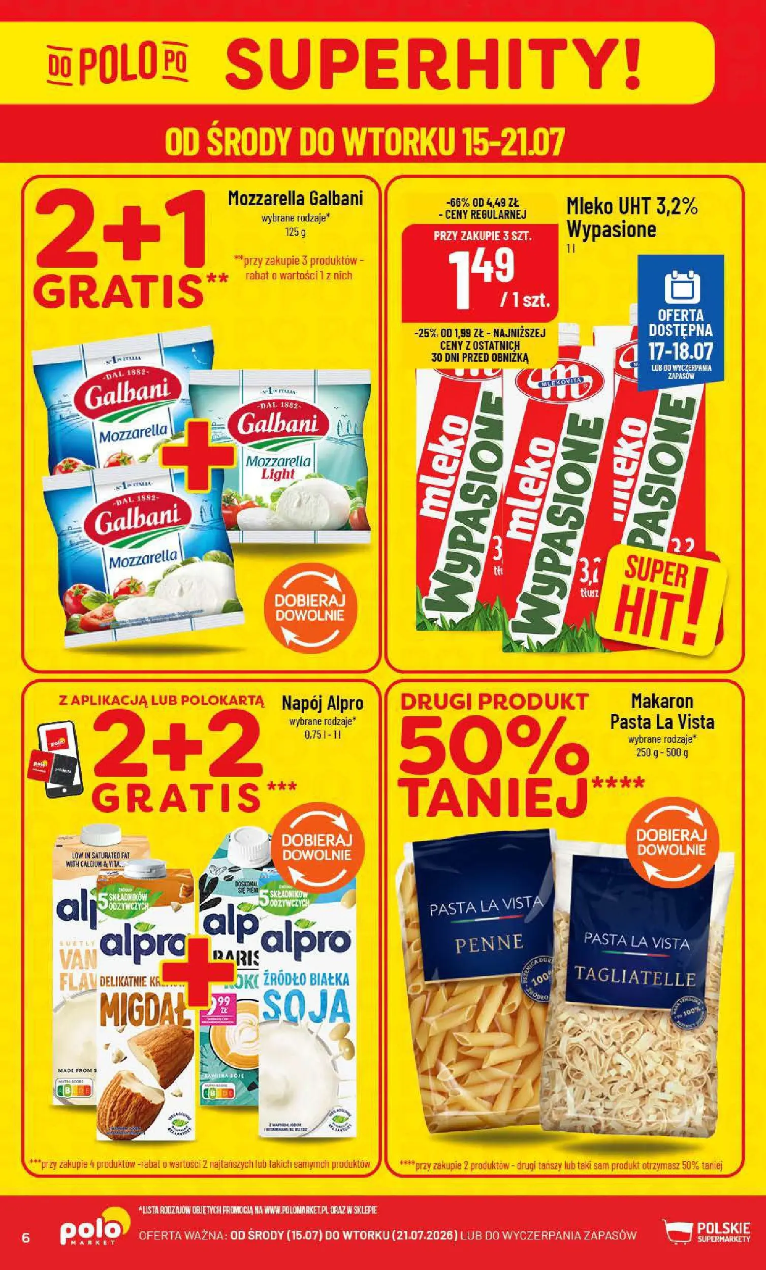 Nowa POLOmarket gazetka od jutra 15.07.2026 | Strona: 6 | Produkty: Tagliatelle, Mozzarella, Makaron, Soja