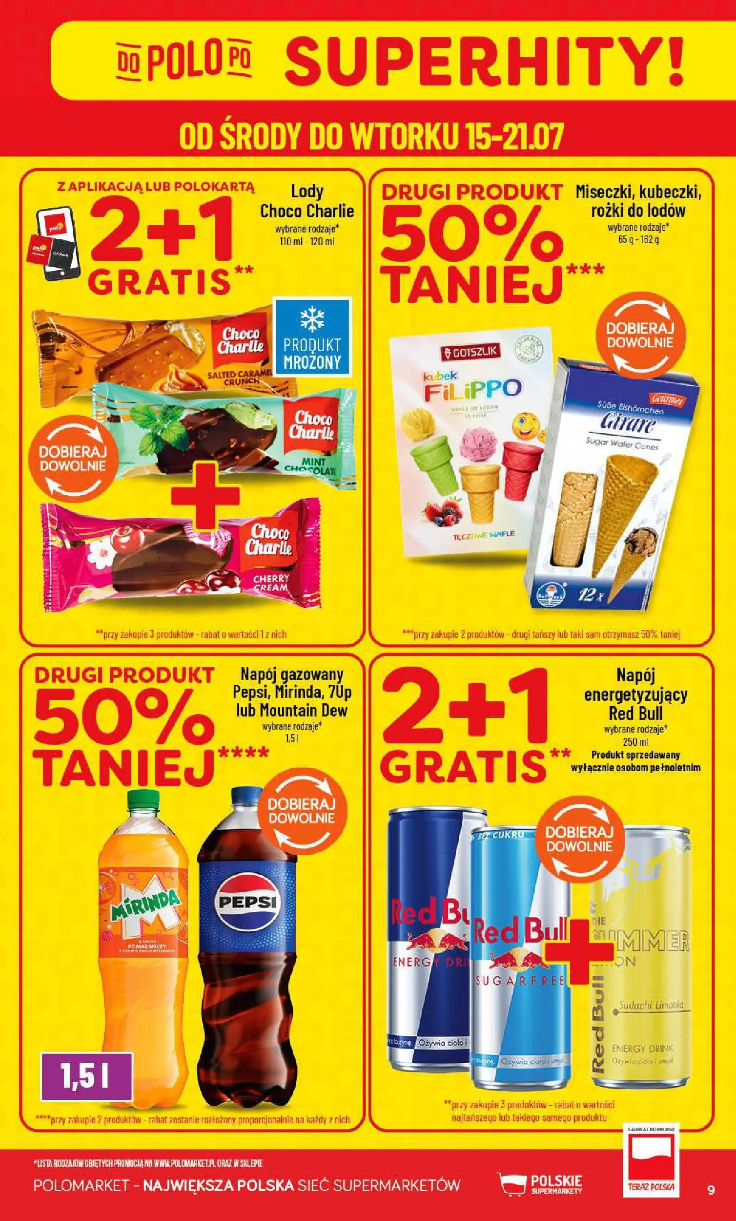 Nowa POLOmarket gazetka od jutra 15.07.2026 | Strona: 9 | Produkty: Limonka, Wafle, Red bull, Lody