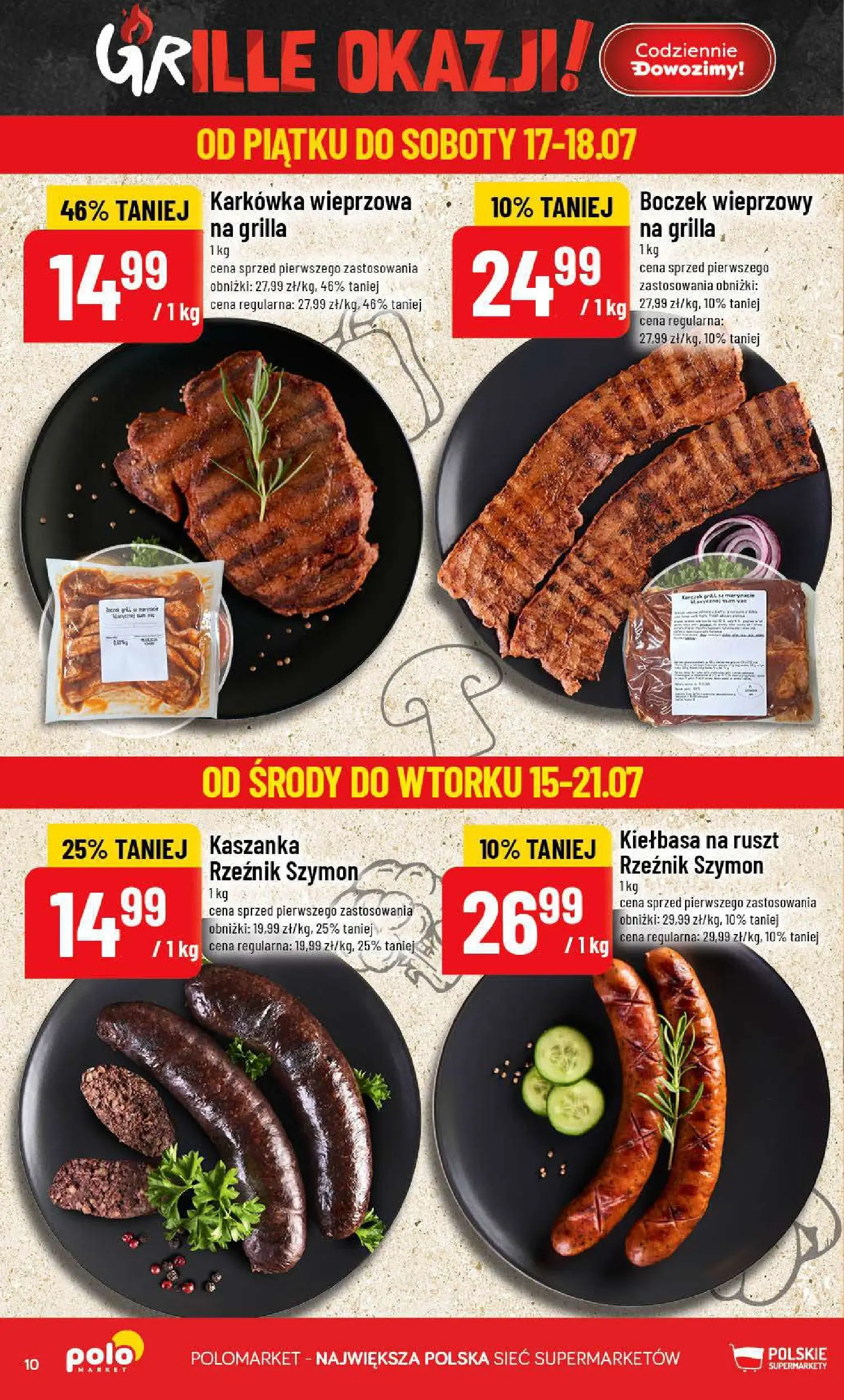 Nowa POLOmarket gazetka od jutra 15.07.2026 | Strona: 10 | Produkty: Kiełbasa, Boczek wieprzowy, Ruszt, Boczek