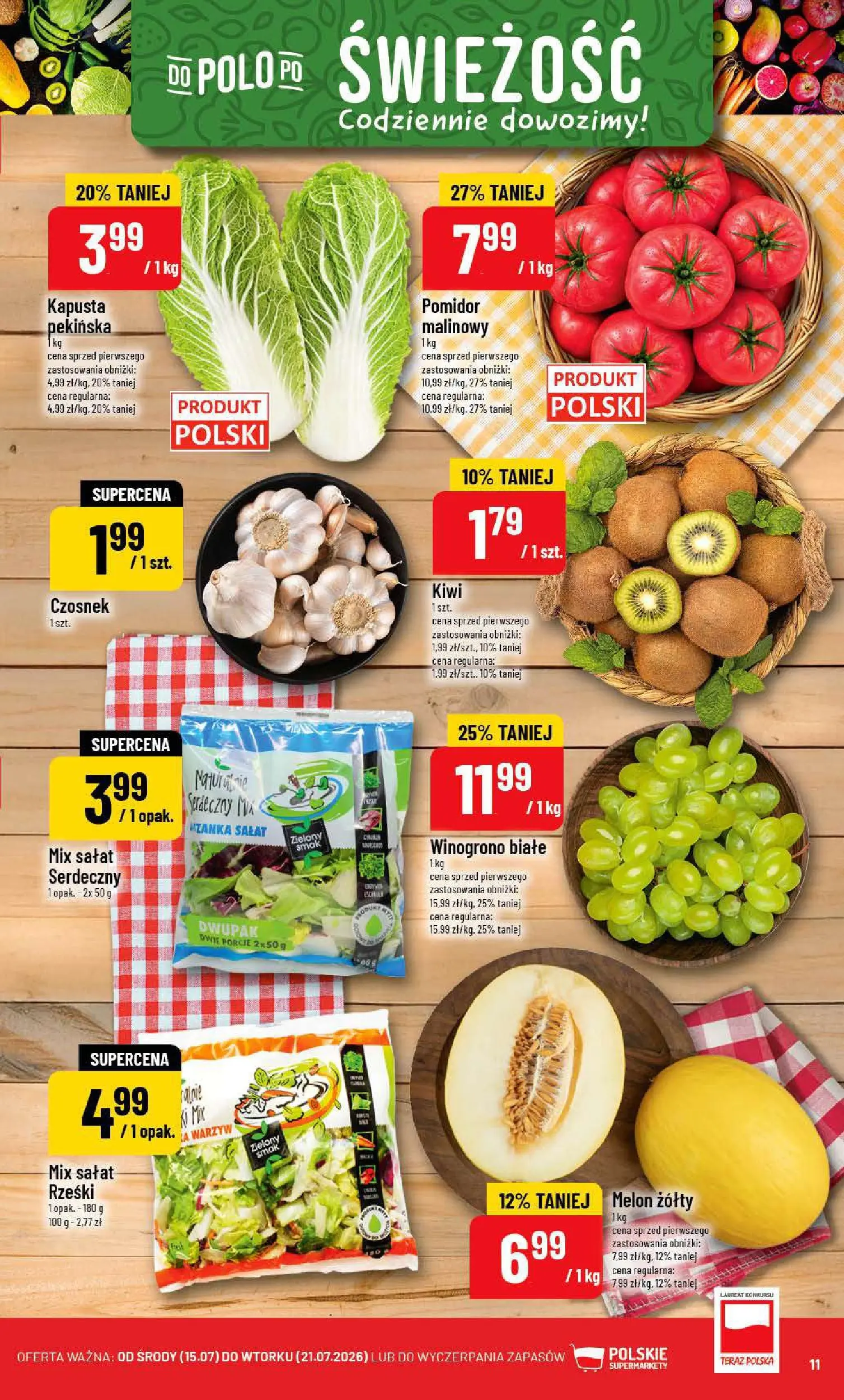 Nowa POLOmarket gazetka od jutra 15.07.2026 | Strona: 11 | Produkty: Czosnek, Melon, Winogrono, Mix sałat